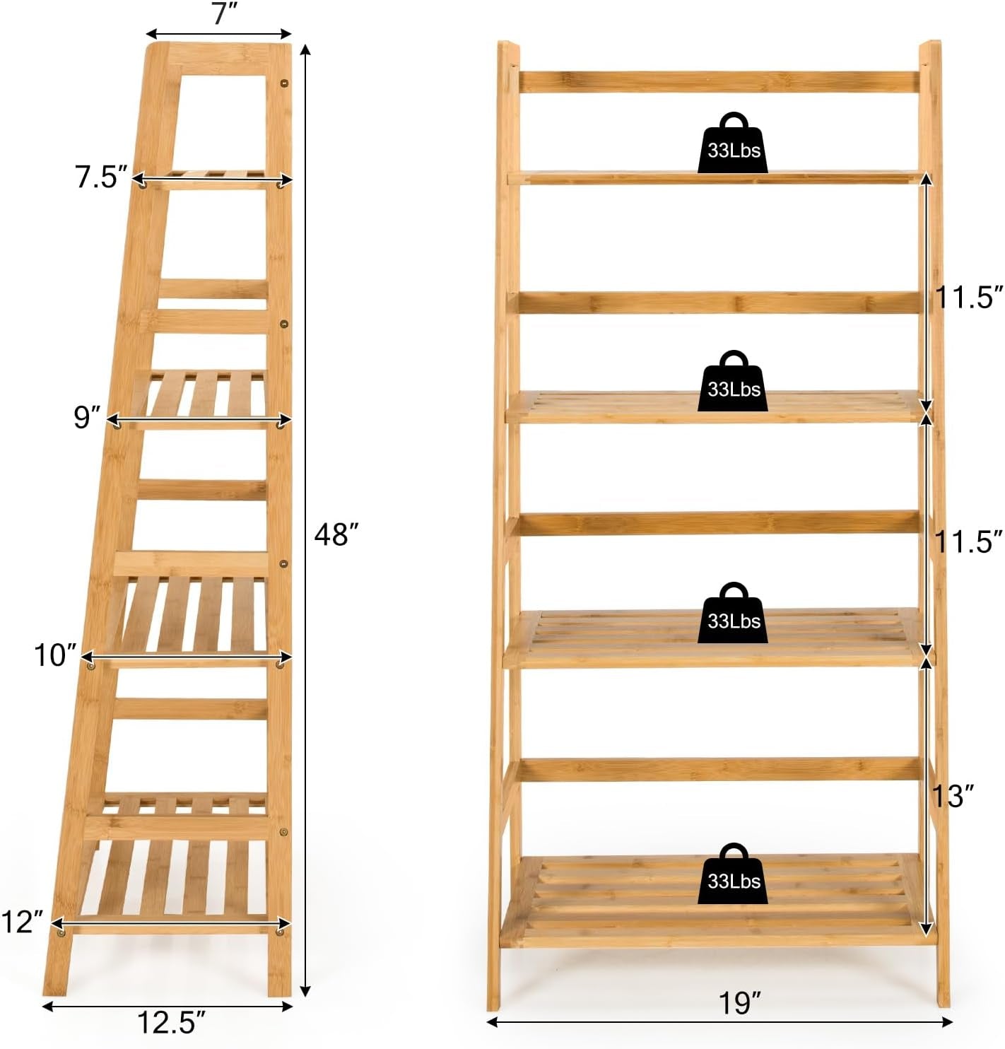 Ladder Shelf, 4 Tier Bamboo Ladder Bookshelf, 48’’ Tall Freestanding Bookcase Storage Rack Plant Stand for Living Room, Balcony, Office, Bedroom, Farmhouse Wooden Ladder Bookshelf, Natural