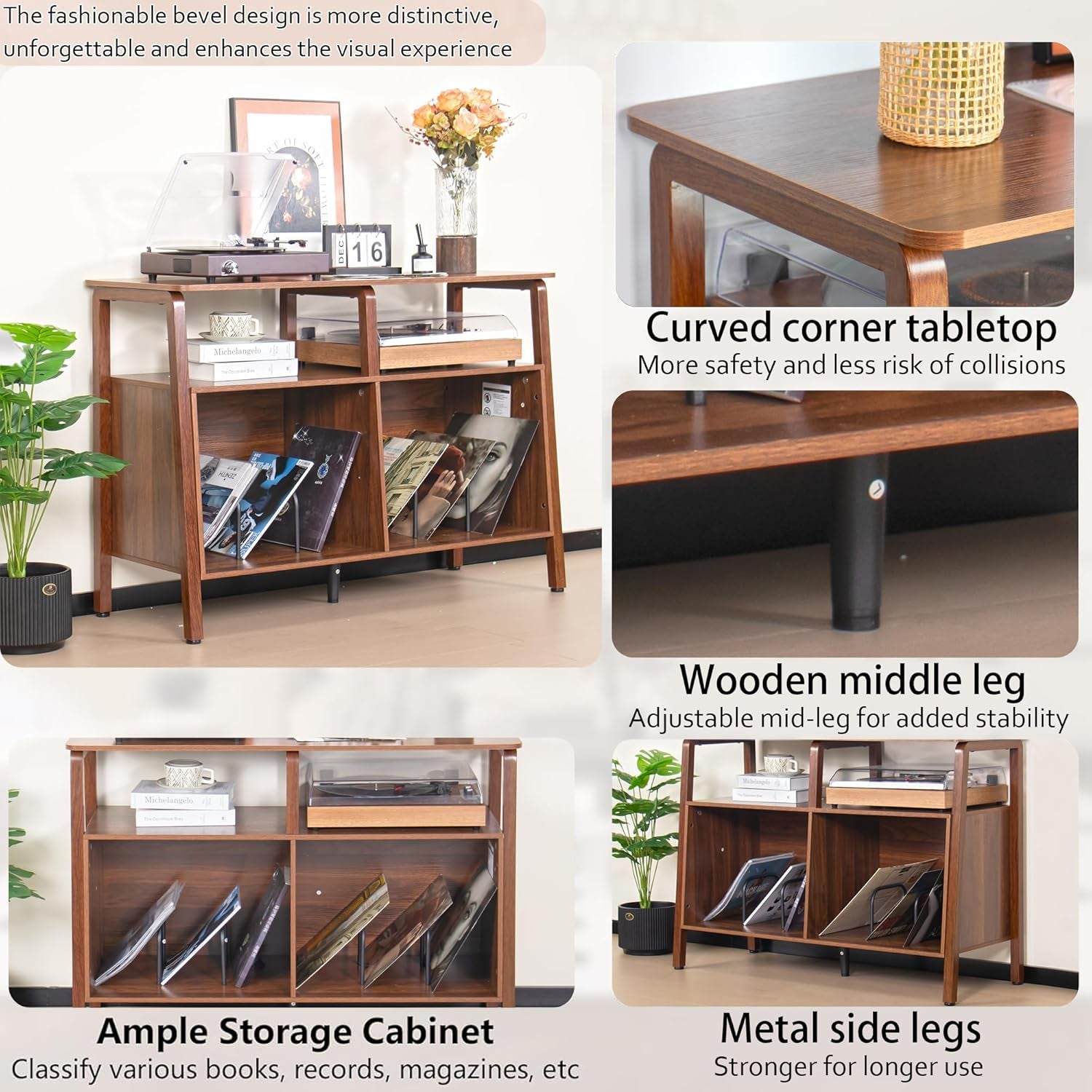 Large Record Player Stand,Mid Century Turntable Stand Table with Open Storage Holds up to 300 Albums,Vinyl Record Storage Display Shelf for Living Room Bedroom (Walnut)