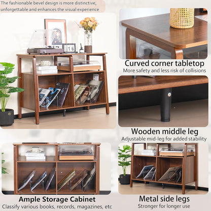 Large Record Player Stand,Mid Century Turntable Stand Table with Open Storage Holds up to 300 Albums,Vinyl Record Storage Display Shelf for Living Room Bedroom (Walnut)