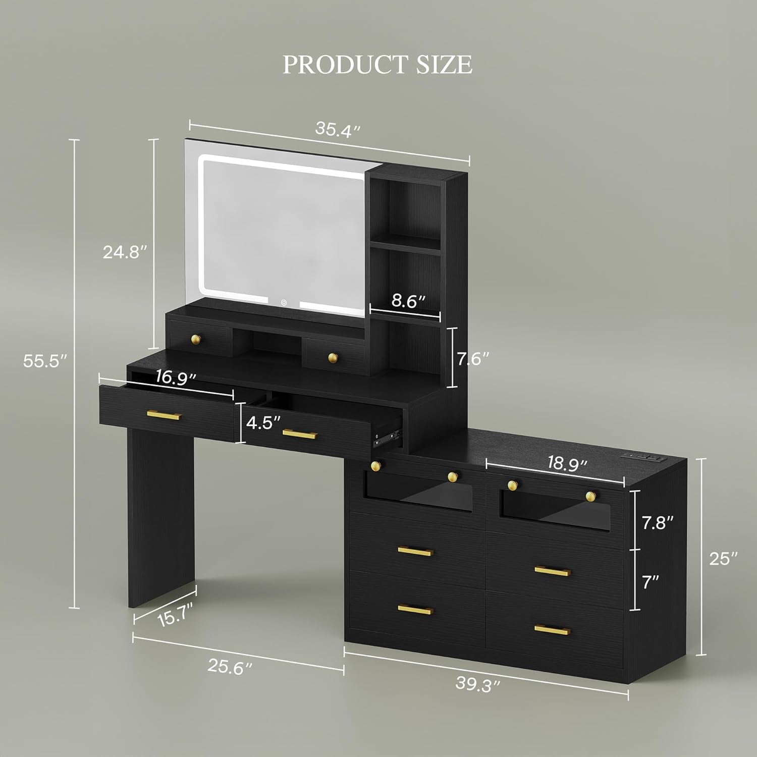 Large Vanity Desk with Mirror - RGB LED and Charging Station, Make up Vanity Mirror with 3 Lights Mode and Brightness Adjusted, Large Storage Space-10 Drawers, 3 Open Shelves, Black