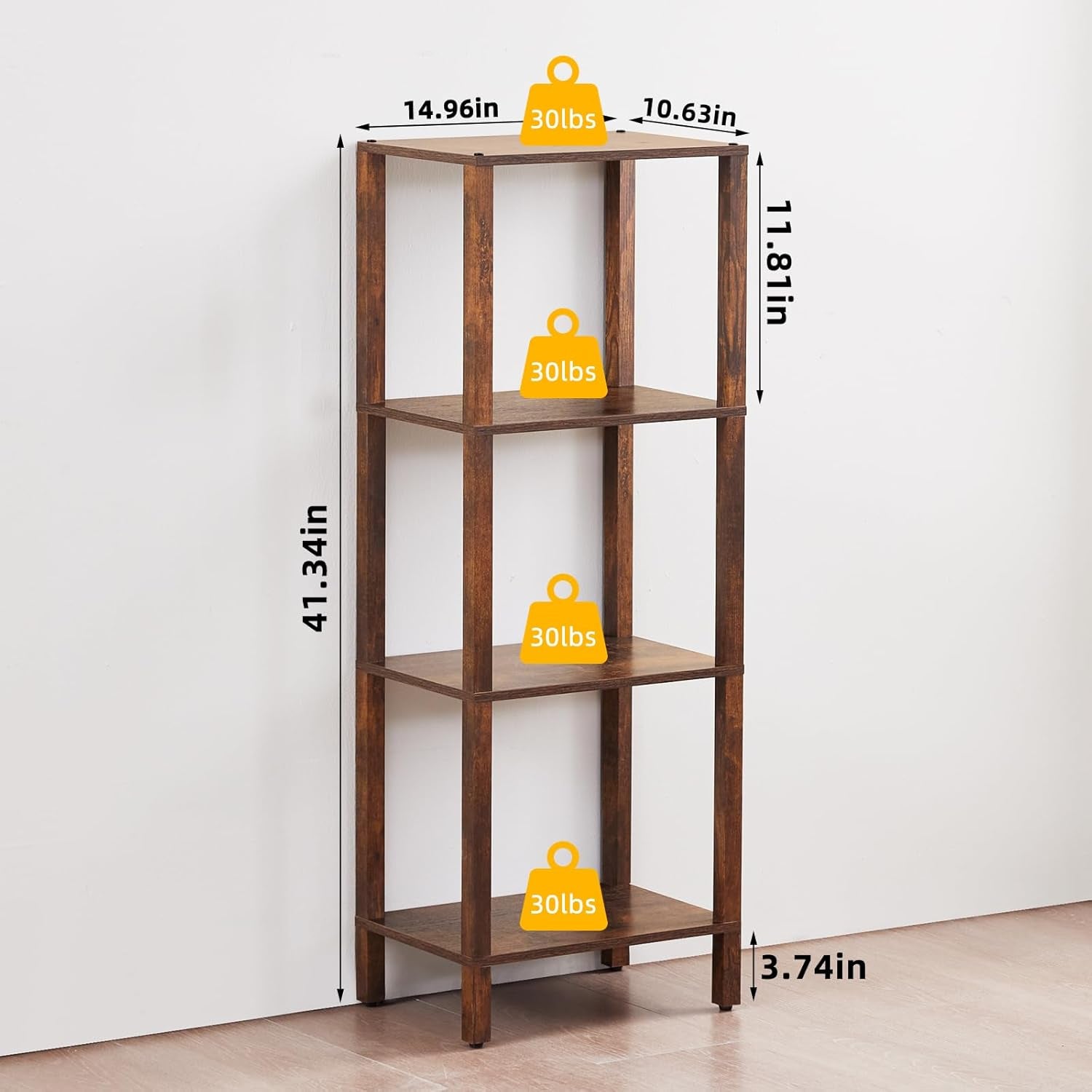4 Tier Tall Wooden Bookshelf with Storage - Small Bookcase for Small Spaces, Shelf for Living Room, Office, Bedroom, Kitchen - Industrial Retro Brown Book Shelf