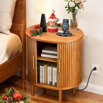 Mid Century Modern Nightstand with Charging Station, Fluted Accent Side Table with Sliding Door & Adjustable Shelf, End Table for Small Space, Living Room, Bedroom,Sofa Couch(1, Yellow)
