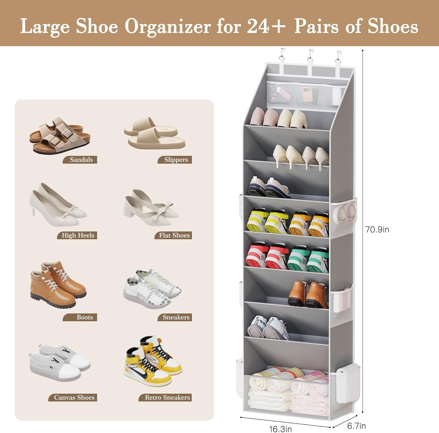 Shoe Organizer, over the Door Shoe Organizer, Hanging Closet Shoe Storage with Large Deep Pockets, Fits 16–24 Pairs of Sneakers, Sandals, Boots, Gray