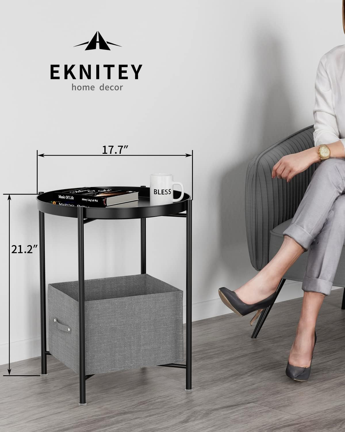Small Side End Table - Metal Side Table Waterproof Small Sofa Coffee Side Tables Bedroom Indoor Outdoor with Removable Tray for Living Room Bedroom Balcony and Office