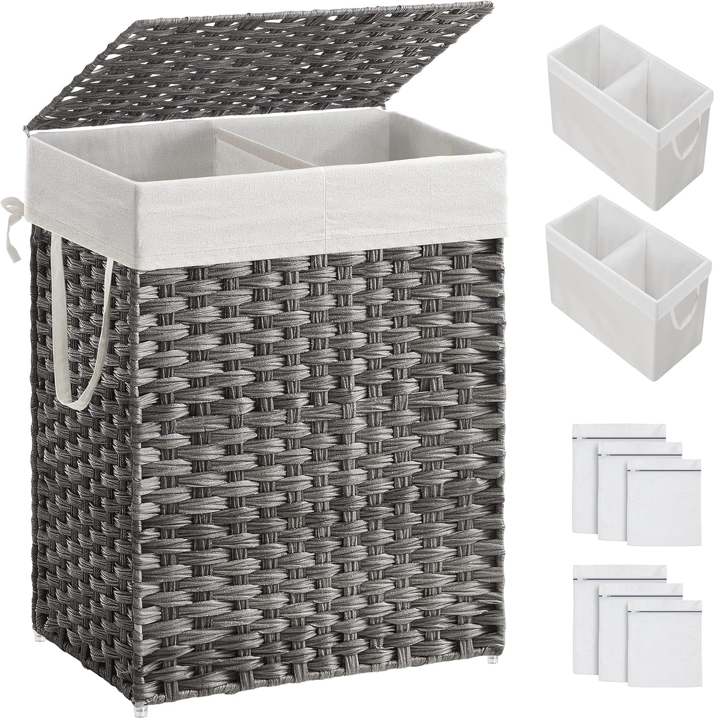 Laundry Hamper with Lid, 90L Clothes Hamper with 2 Removable Liner Bags, 6 Mesh Bags, Wicker Laundry Basket, Double Laundry Hamper for Bathroom, 13 X 18.1 X 23.6 Inches, Natural ULCB251N01V1
