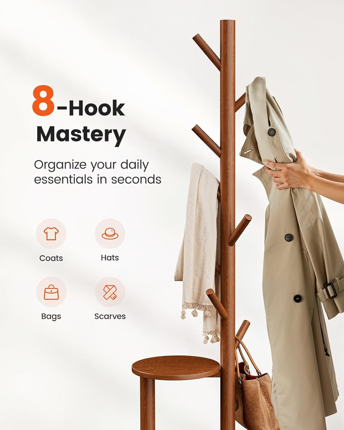 Coat Rack, Freestanding Hall Tree with 8 Hooks & Storage Shelf, Solid Wood Base, 66.3″ Tall Coat Rack Stand for Coats, Hats, Bag in Entryway, Bedroom, Living Room, Brown, PIFCR11BN