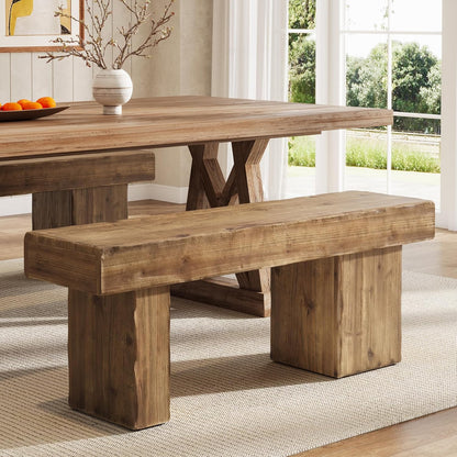 Thickened Solid Wood Bench, 47" Rustic Farmhouse Entryway Bench with Artistic Legs, Heavy Duty Dining Bench for Kitchen, Living Room, Hallway, End of Bed, Natural Wood
