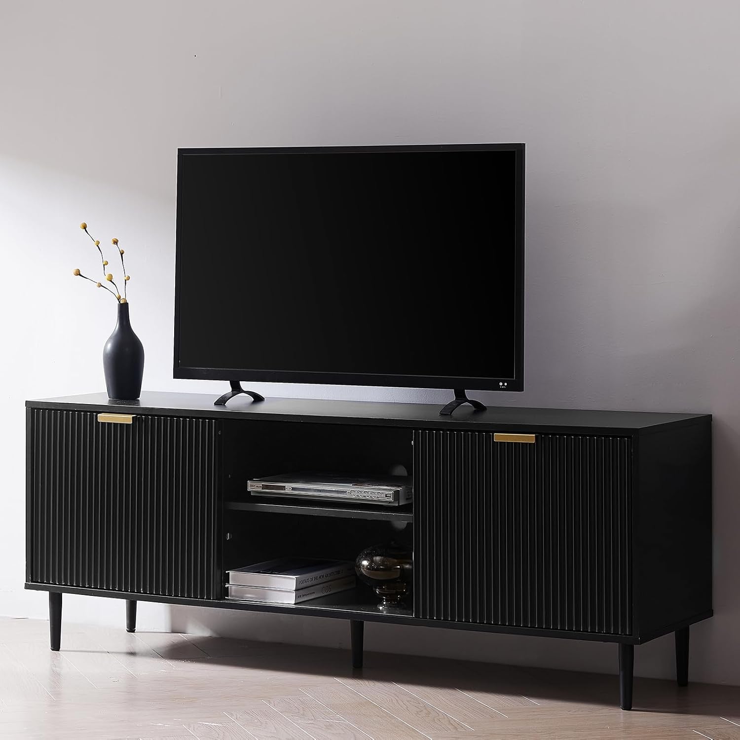 Black TV Stand, Modern TV Consoles for Living Room 65+ Inch TV, Fluted Panel Media Console with Sliding Doors & Ajustable Shelves, Entertainment Stand with Storage Cabinets