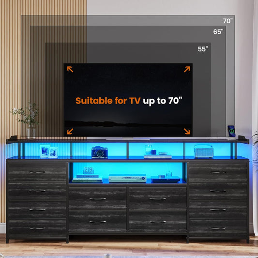 12 Drawers TV Stand Dresser for 65/70 Inch TV, Entertainment Center with LED Lights & Power Outlets, 63" Large LED TV Stand, TV Console for Bedroom