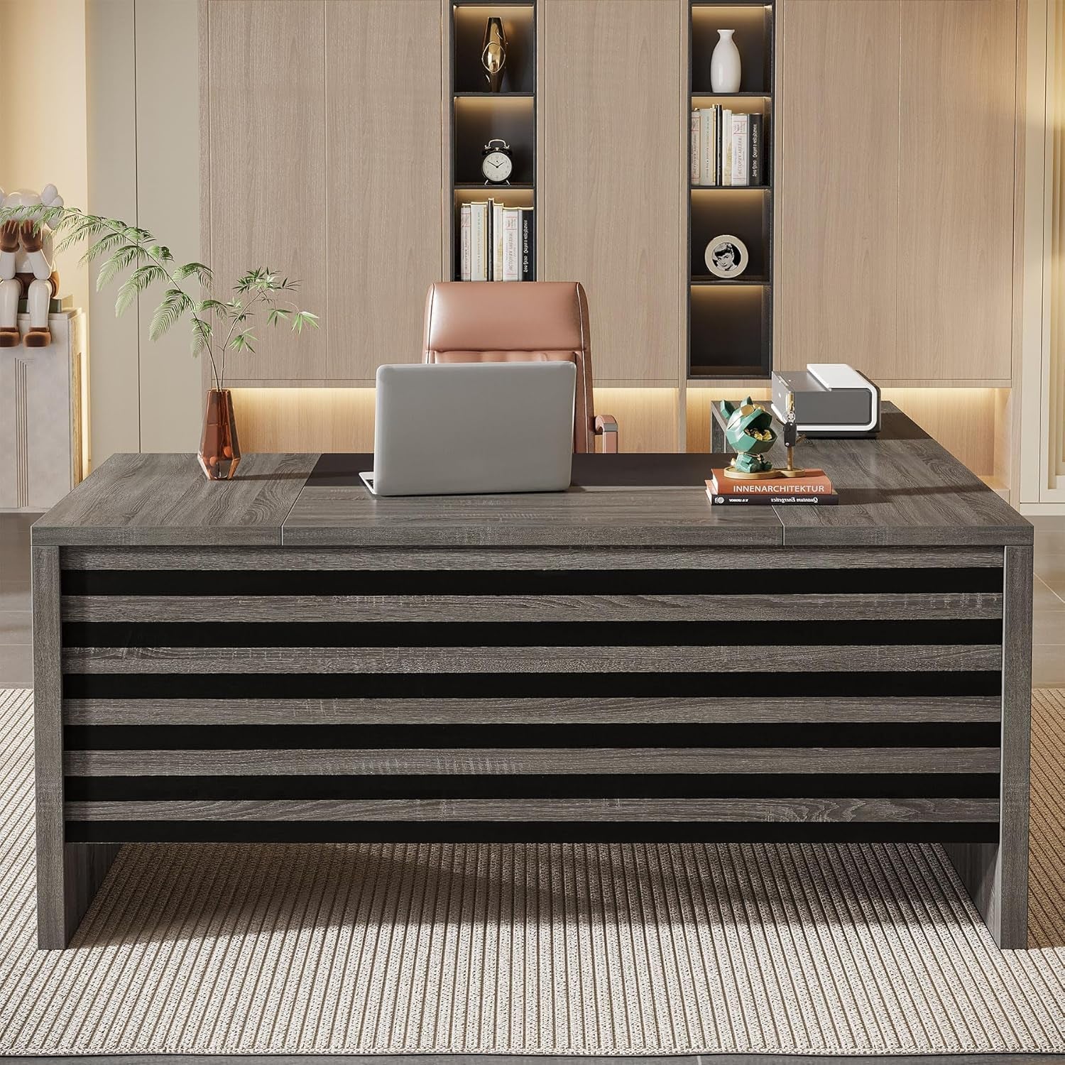 62.2" Executive Desk with Mobile File Cabinet, L-Shaped Office Desk with Storage Shelves, Large Computer Table Business Workstation Set for Home Office, Grey