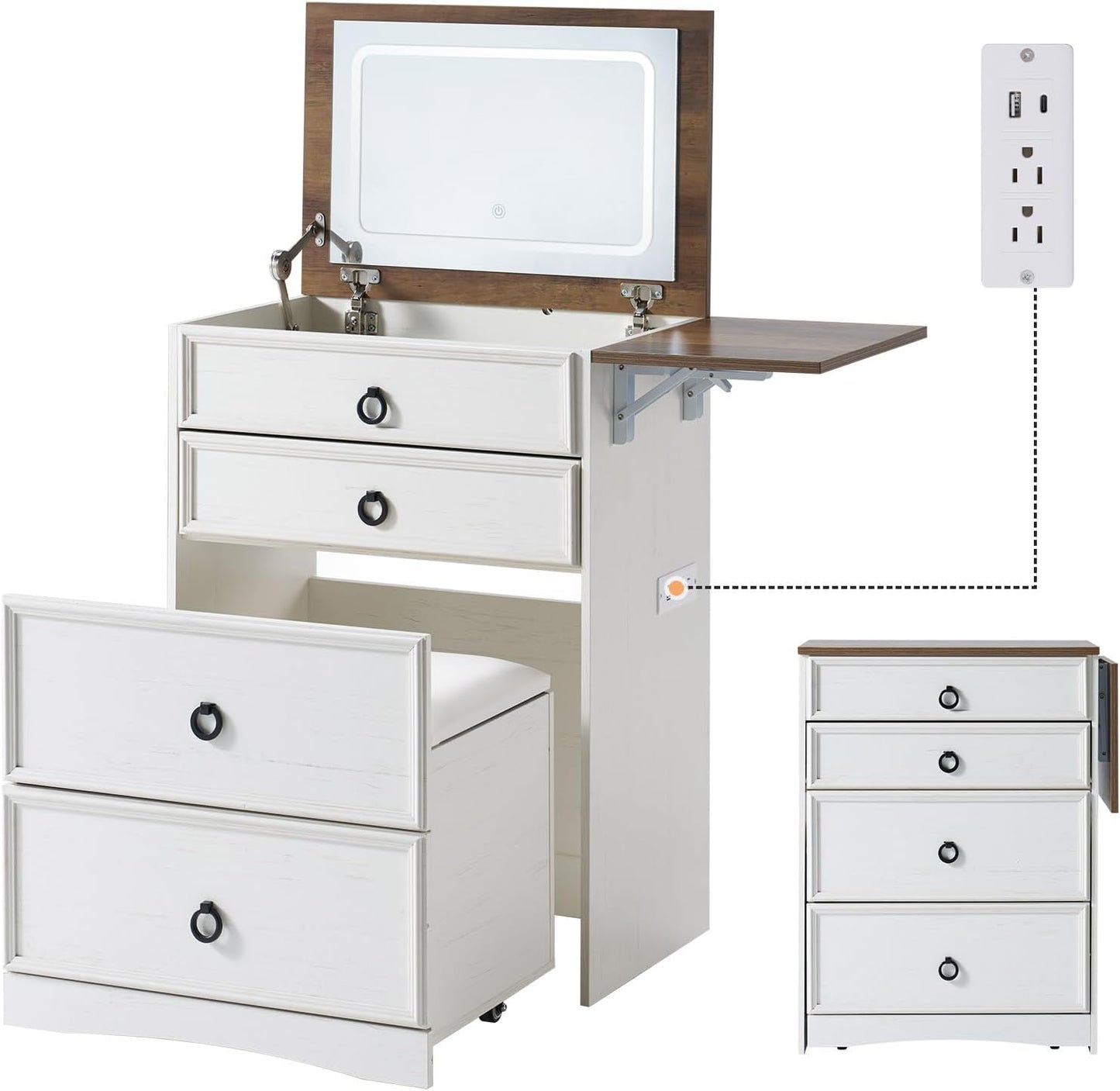 Makeup Vanity Desk with Mirror and Lights, Compact Vanity with Hidden Chair & Charging Station, 3 in 1 Space-Saving Vanity Table for Girls, Small Bedroom & Apartments, White & Barnwood