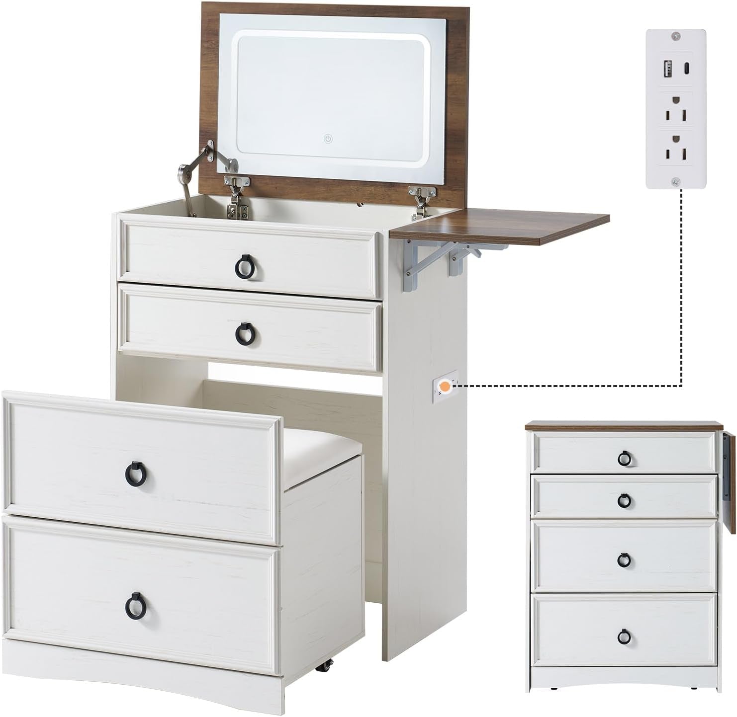 Makeup Vanity Desk with Mirror and Lights, Compact Vanity with Hidden Chair & Charging Station, 3 in 1 Space-Saving Vanity Table for Girls, Small Bedroom & Apartments, White & Barnwood