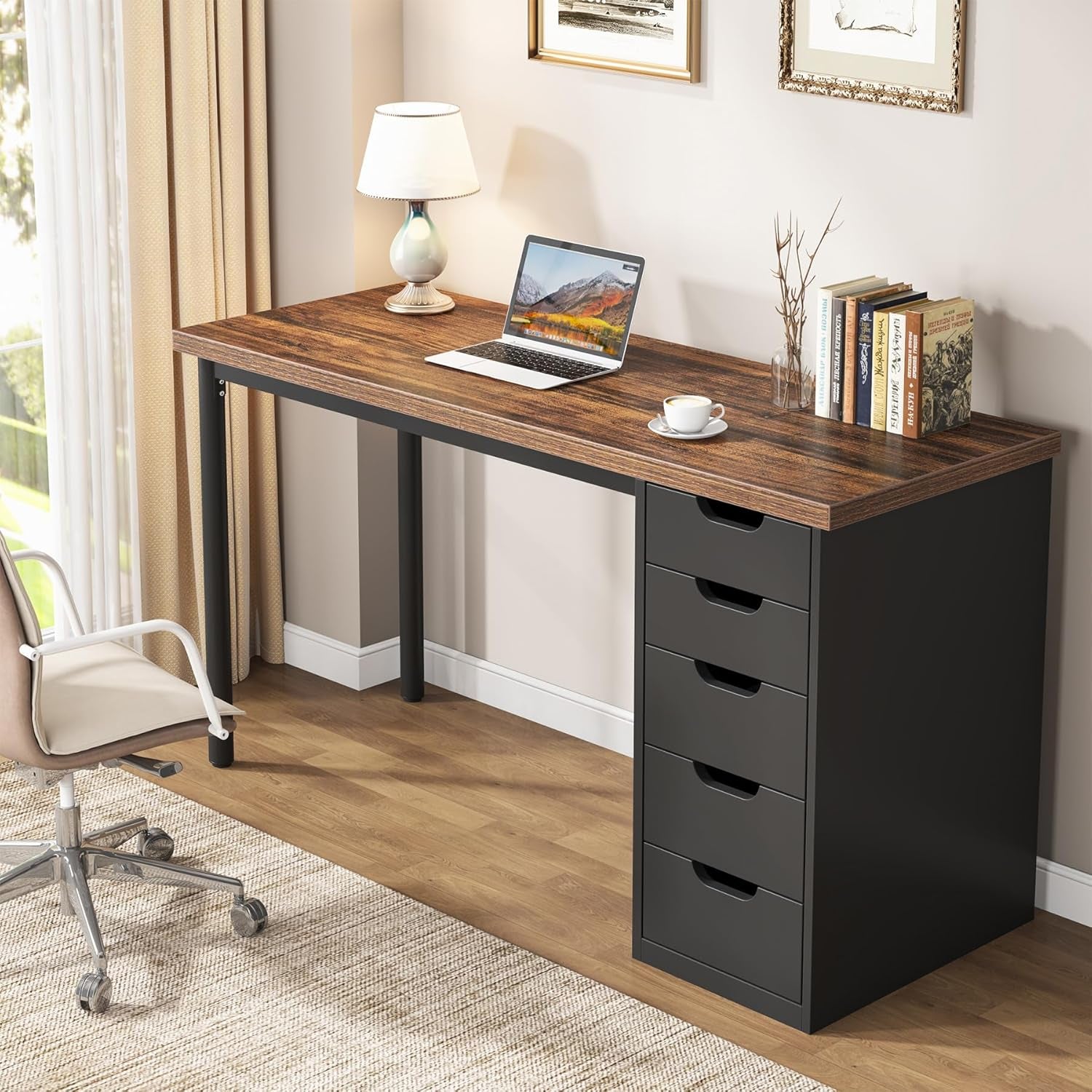 Computer Desk with 5 Drawers, 47 Inches Rustic Brown Home Office Desk with Storage, Modern Simple Laptop Desk Study Writing Table for Small Spaces (1, Brown+Black)