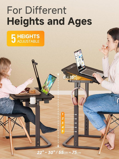 XXL Extra Large TV Tray Table，Height & Tilt Adjustable Heavy Duty TV Trays for Eating, Working, Writing,Drawing, Recliner Table Couch Desk with LED Light, Cup Holder, Bookstand