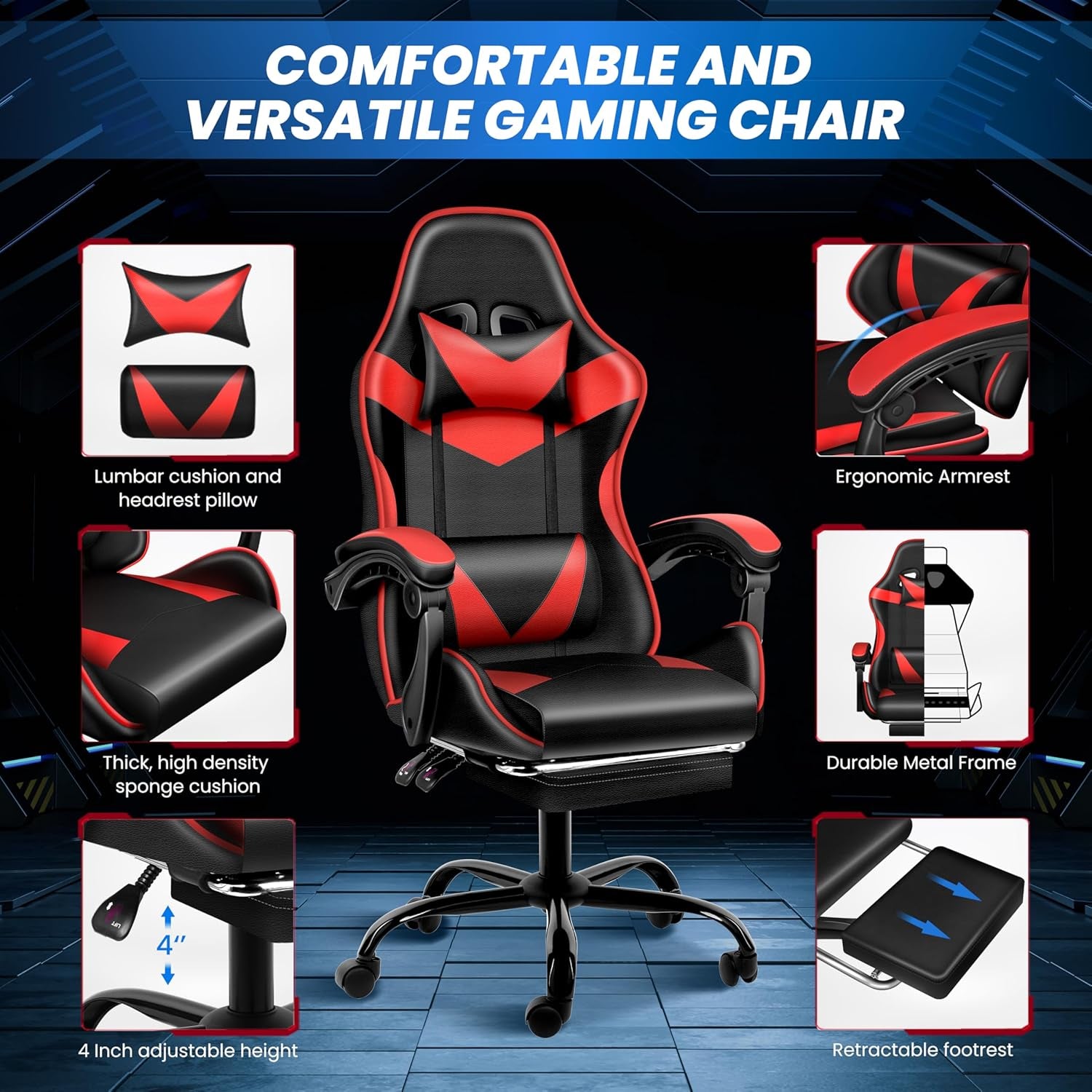 Gaming Chair, High Back Office Computer Desk Chair with Adjustable Lumbar Support, Recliner Swivel Video Game Chair with Footrest, Height Adjustable Seat and Backrest, Black/Red