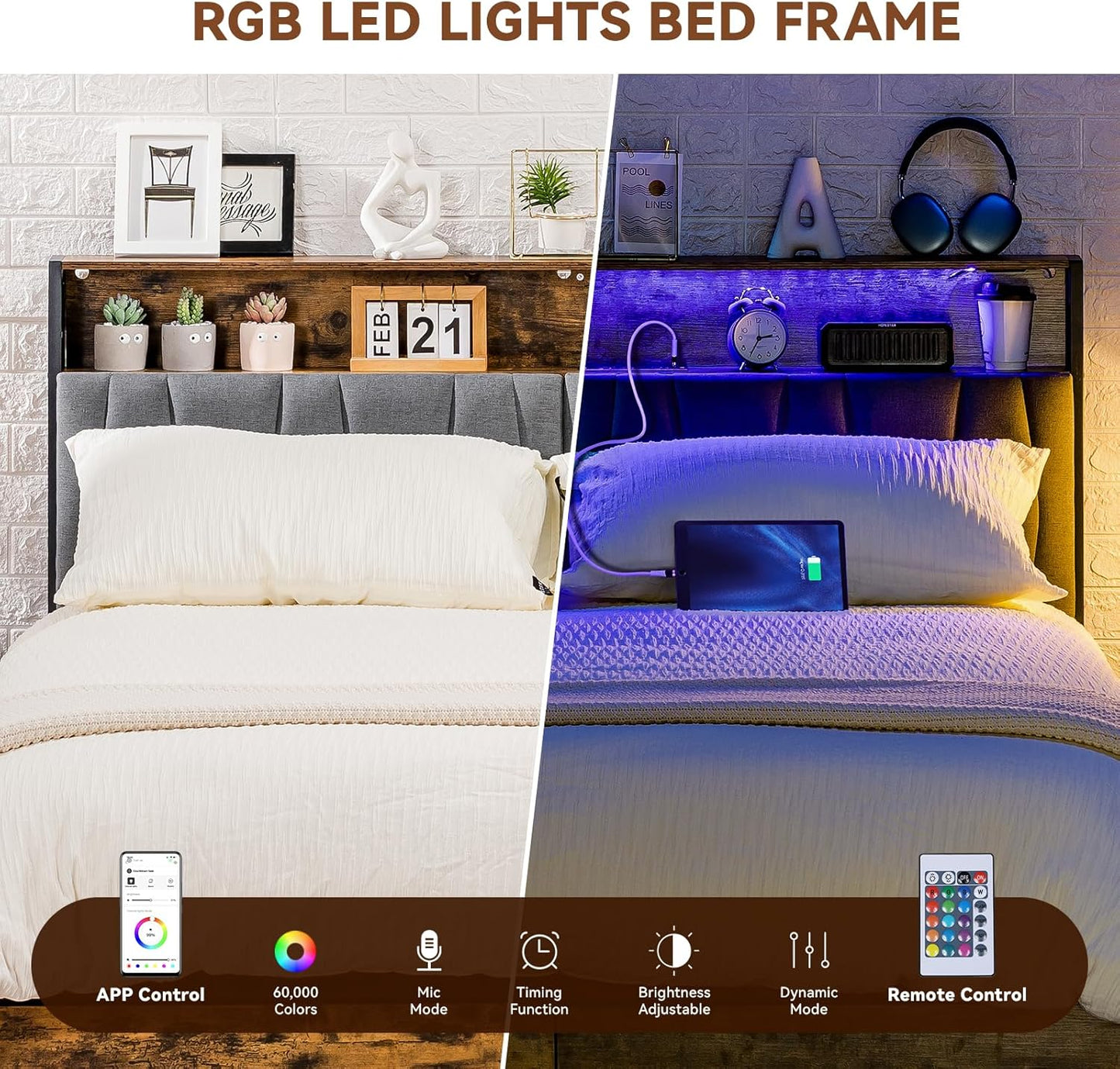 Queen Size Platform Bed Frame with LED Lights and Charging Station, Storage Headboard and Footboard Drawers, No Box Spring Needed, Rustic Wood Look