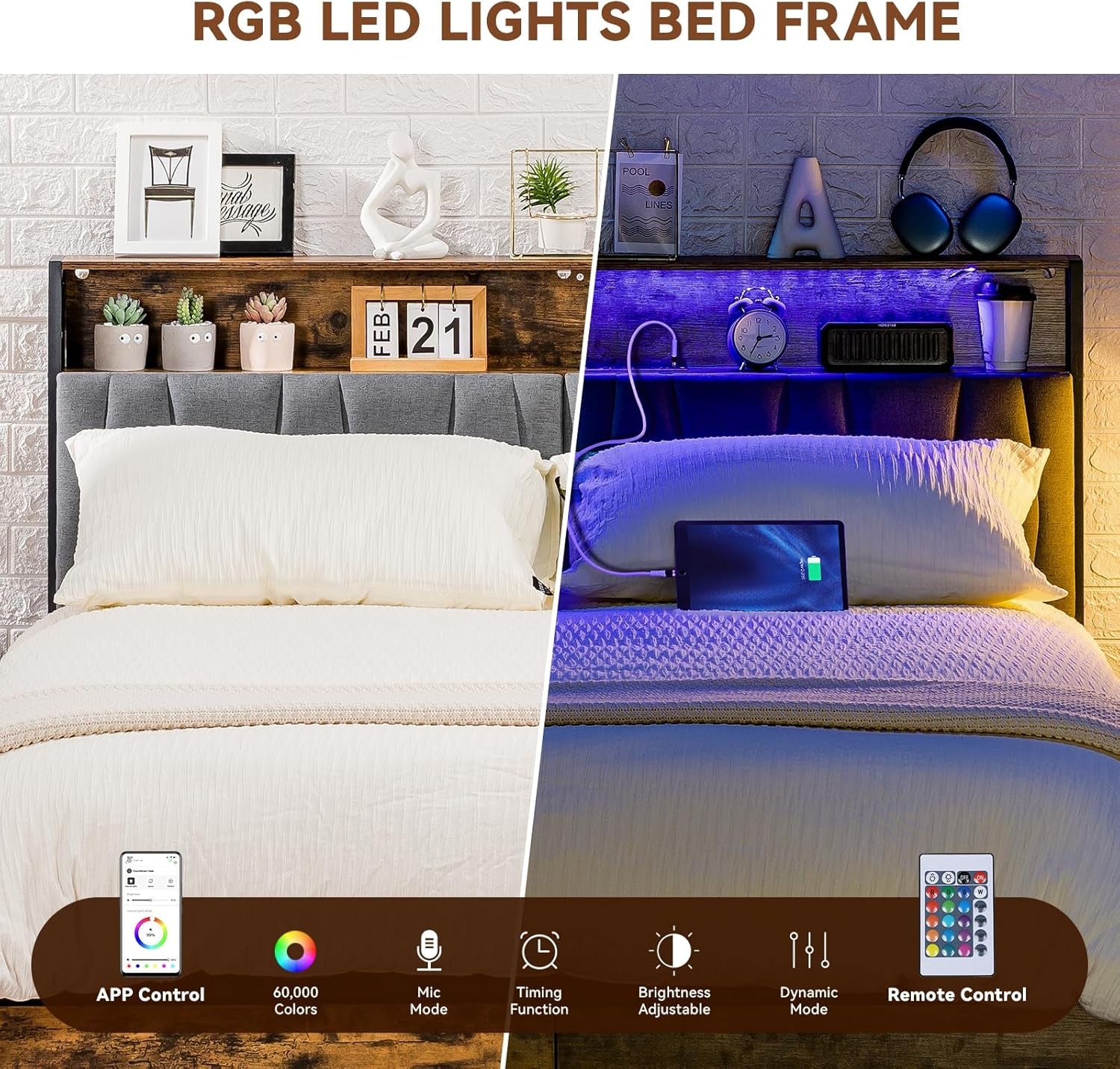 Queen Size Platform Bed Frame with LED Lights and Charging Station, Storage Headboard and Footboard Drawers, No Box Spring Needed, Rustic Wood Look