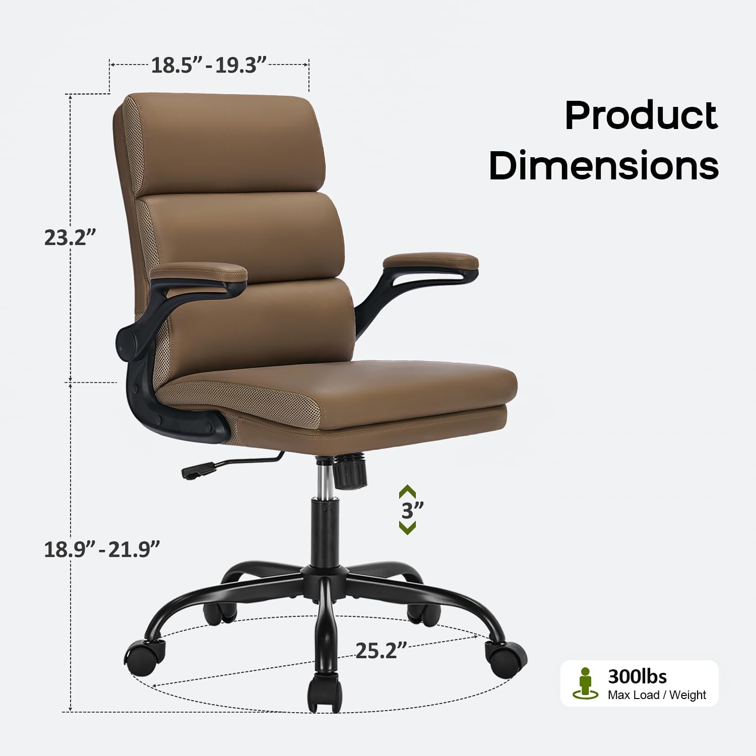 Office Chair Adjustable Desk Chair Mid Back Executive Comfortable Bonded Leather Ergonomic Back Support Home Computer Chairs with Padded Flip-Up Armrest Swivel Wheels (Tan)