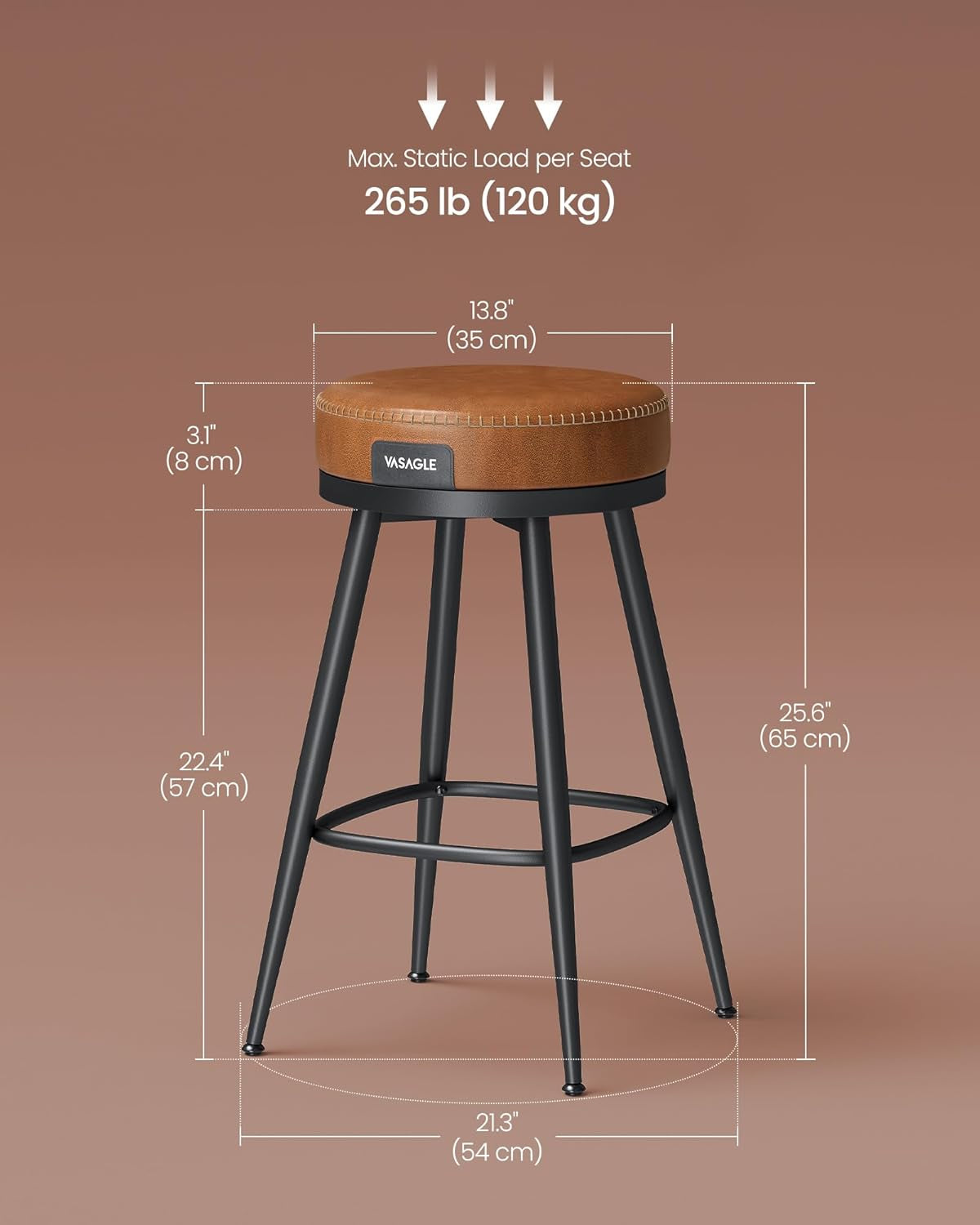 EKHO Collection - Swivel Bar Stools Set of 2, Bar Height Backless Bar Stools, Synthetic Leather with Stitching, Mid-Century Modern, 30-Inch Tall Kitchen Barstools for Home Bar, Caramel Brown
