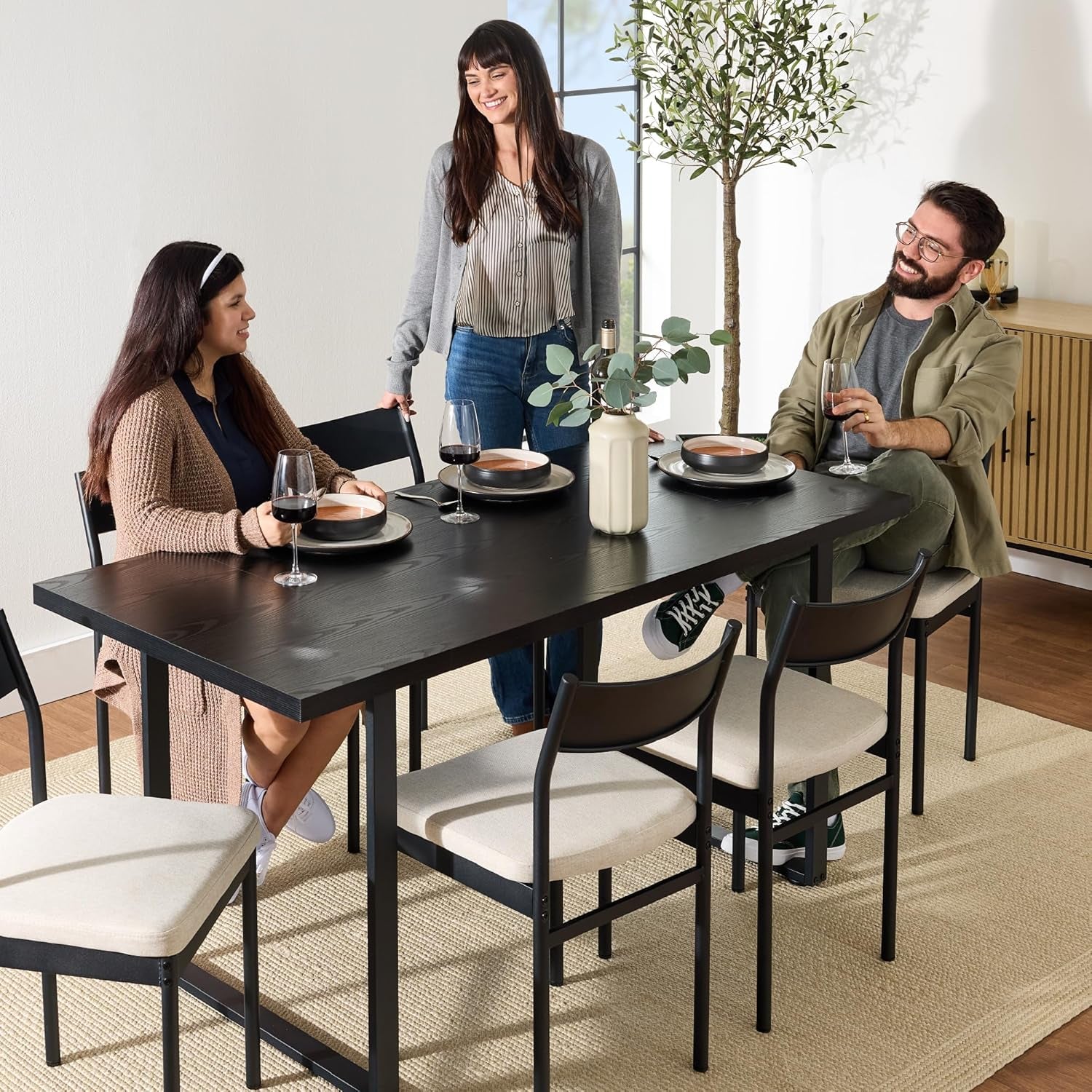 7-Piece Modern Dining Room Set, Kitchen Table Set, Dining Table W/ 6 Chairs, Upholstered Cushions, Solid Metal Frame, Curved Backrest - Black/Ivory