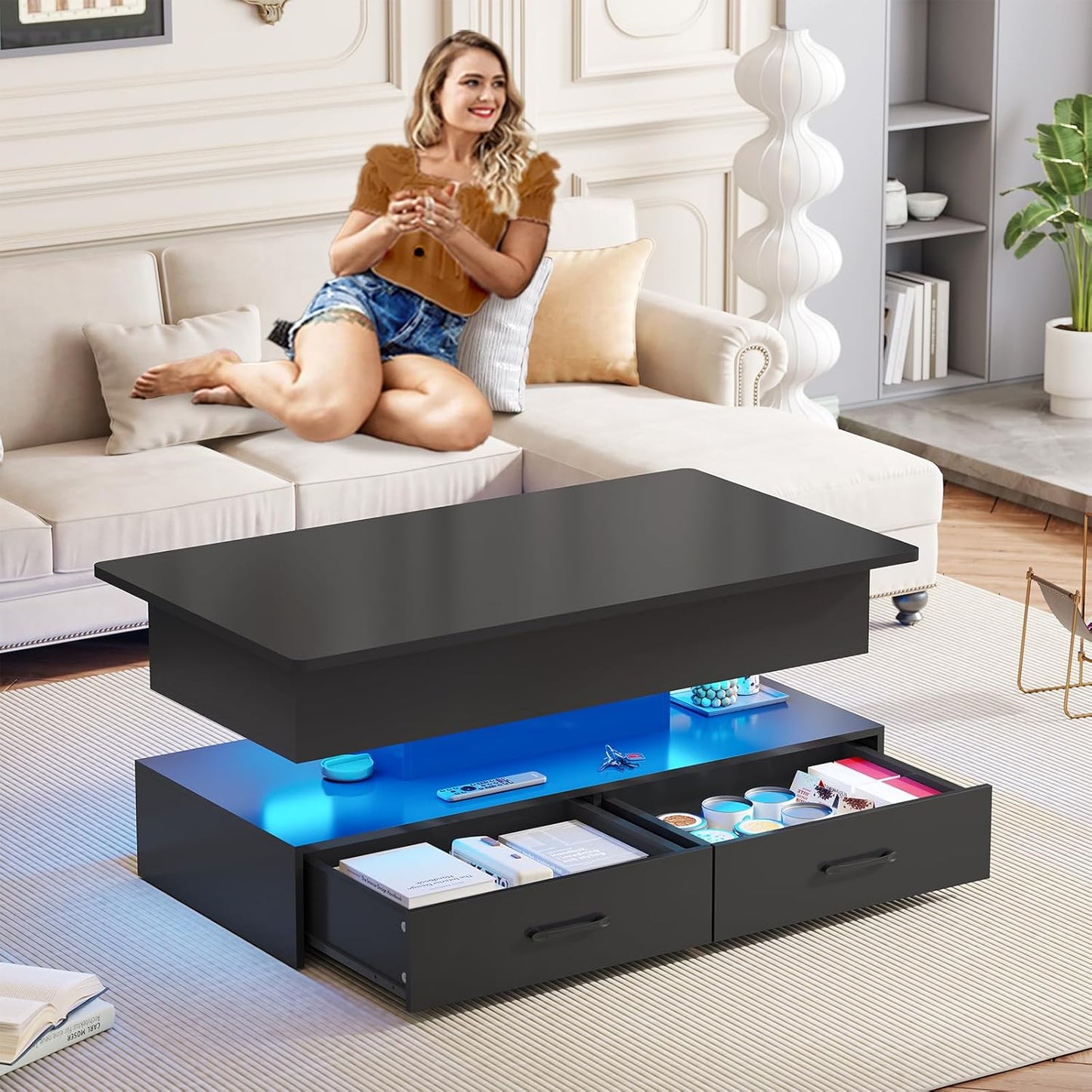 40" Lift Top Coffee Table, Coffee Tables with Storage for Living Room, Small Coffee Table with 2 Drawers & LED Light for Dining Reception Room, Black