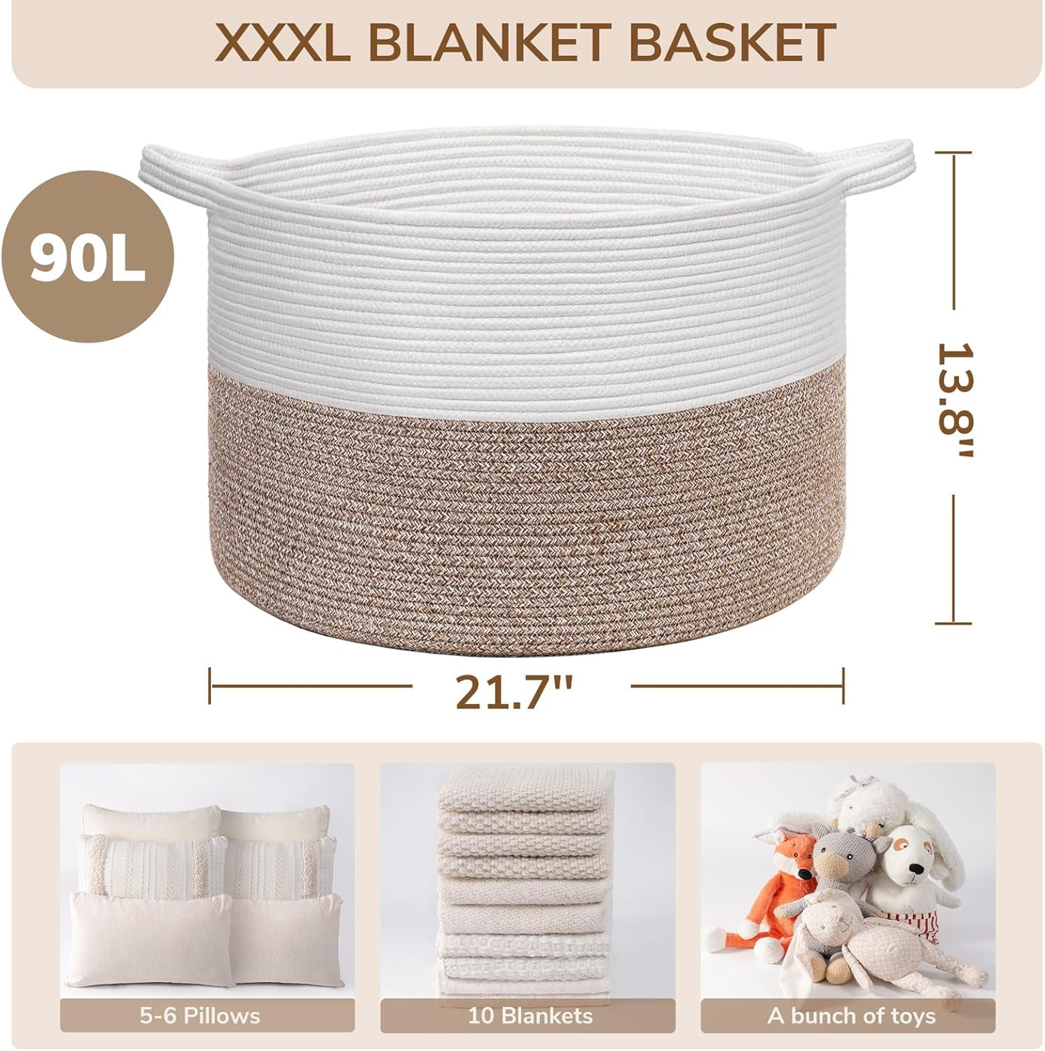 Xxxlarge Blanket Basket for Living Room 21.7" X 21.7" X 13.8"-Storage Basket with Handle for Organizing Toy Pillows Woven Cotton Rope Laundry Basket Stuffed Animal Toy Storage for Play Room