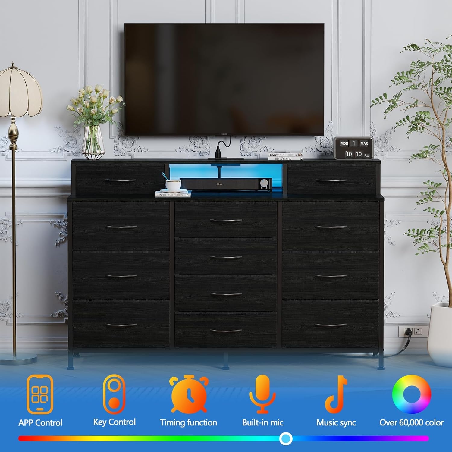 55" W Dresser for Bedroom with LED Lights and Power Outlets,Black Large 12 Storage Drawers Long Fabric Chests Dressers with 2 Shelves for Closet,Living Room,Entryway,Wooden Top,Metal Frame