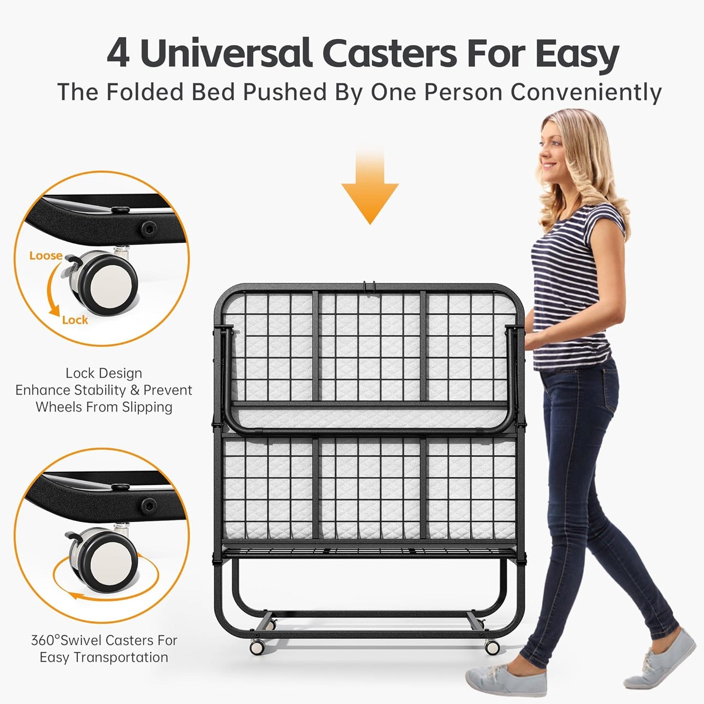 Folding Bed with Mattress, Roll Away Beds with Mattress for Adults, Single Cot Foldable Rollaway Beds, 75" X 31" Portable Bed for Easy Storage, Strong Frame for Guest Room, Small Apartment