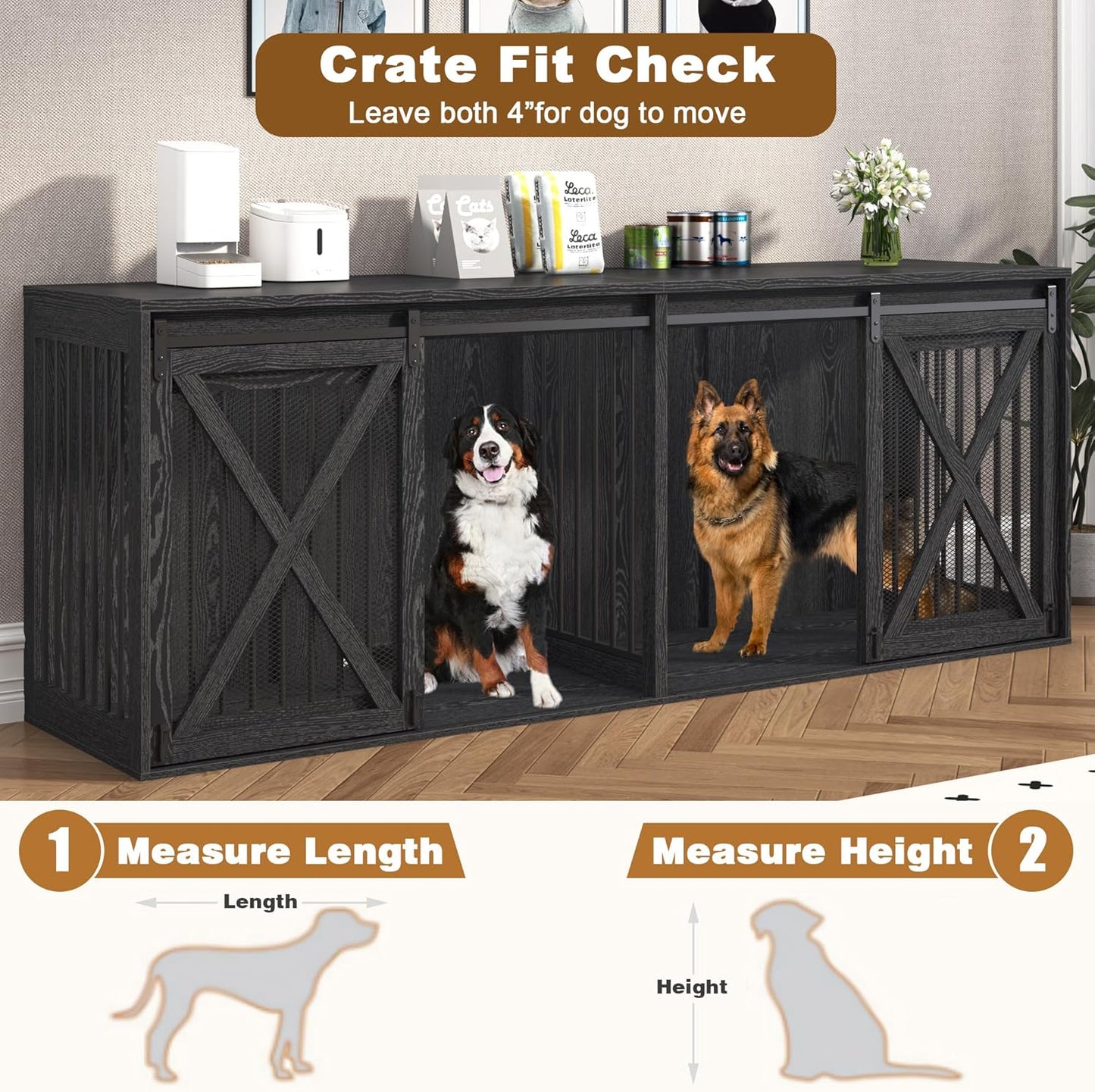94.5" XXXL Dog Crate Furniture for 2 Large Dogs, Heavy Duty Double Dog Cage Extra Large Breed, 35.4" Tall Thick Wooden Dog Kennel TV Stand with Divider, Black