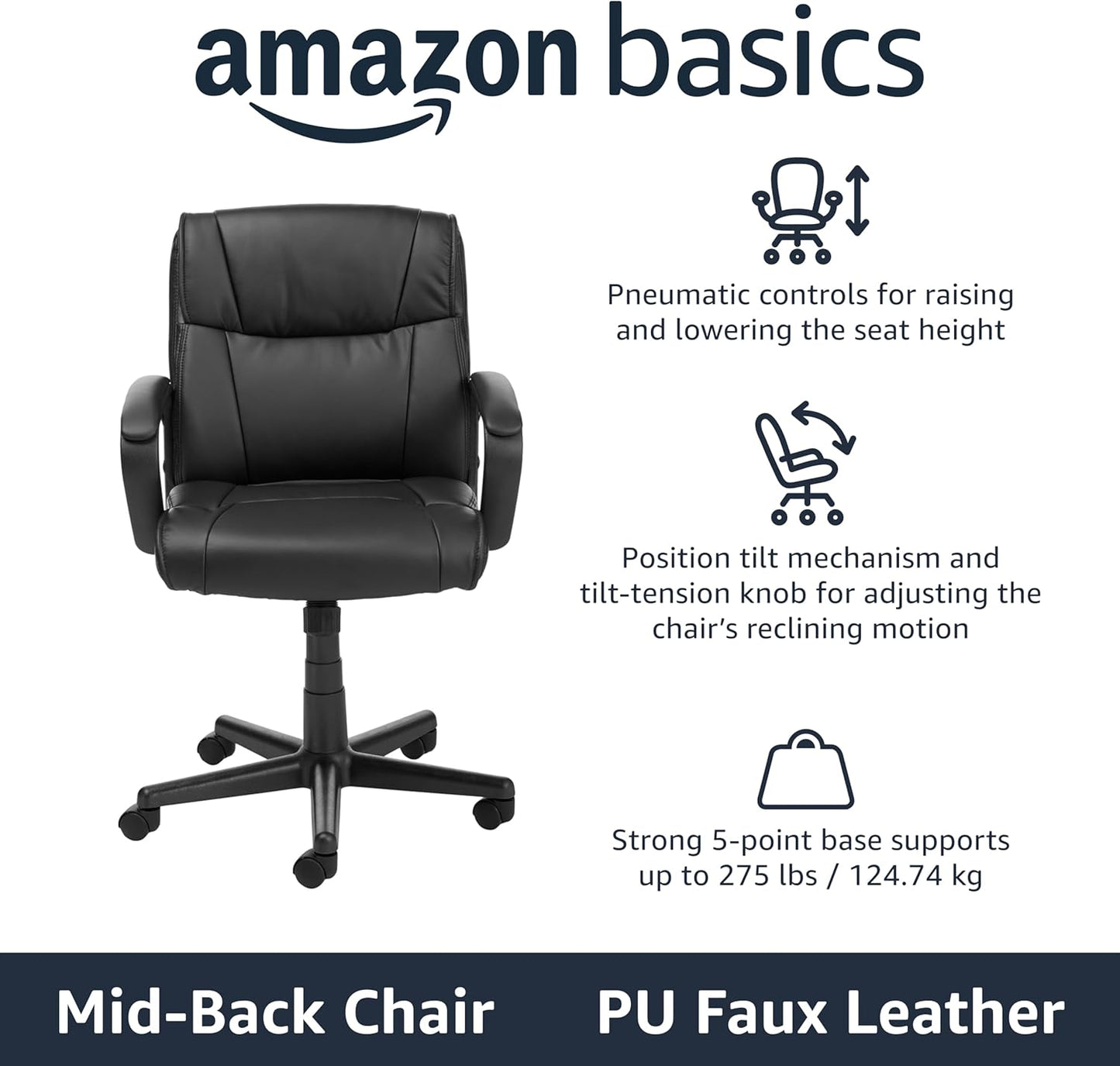 Office Computer Task Desk Chair with Padded Armrests, Mid-Back, Adjustable, 360 Swivel, Rolling, 275 Pound Capacity, 24.2"D X 24"W X 34.8"H, Black Faux Leather