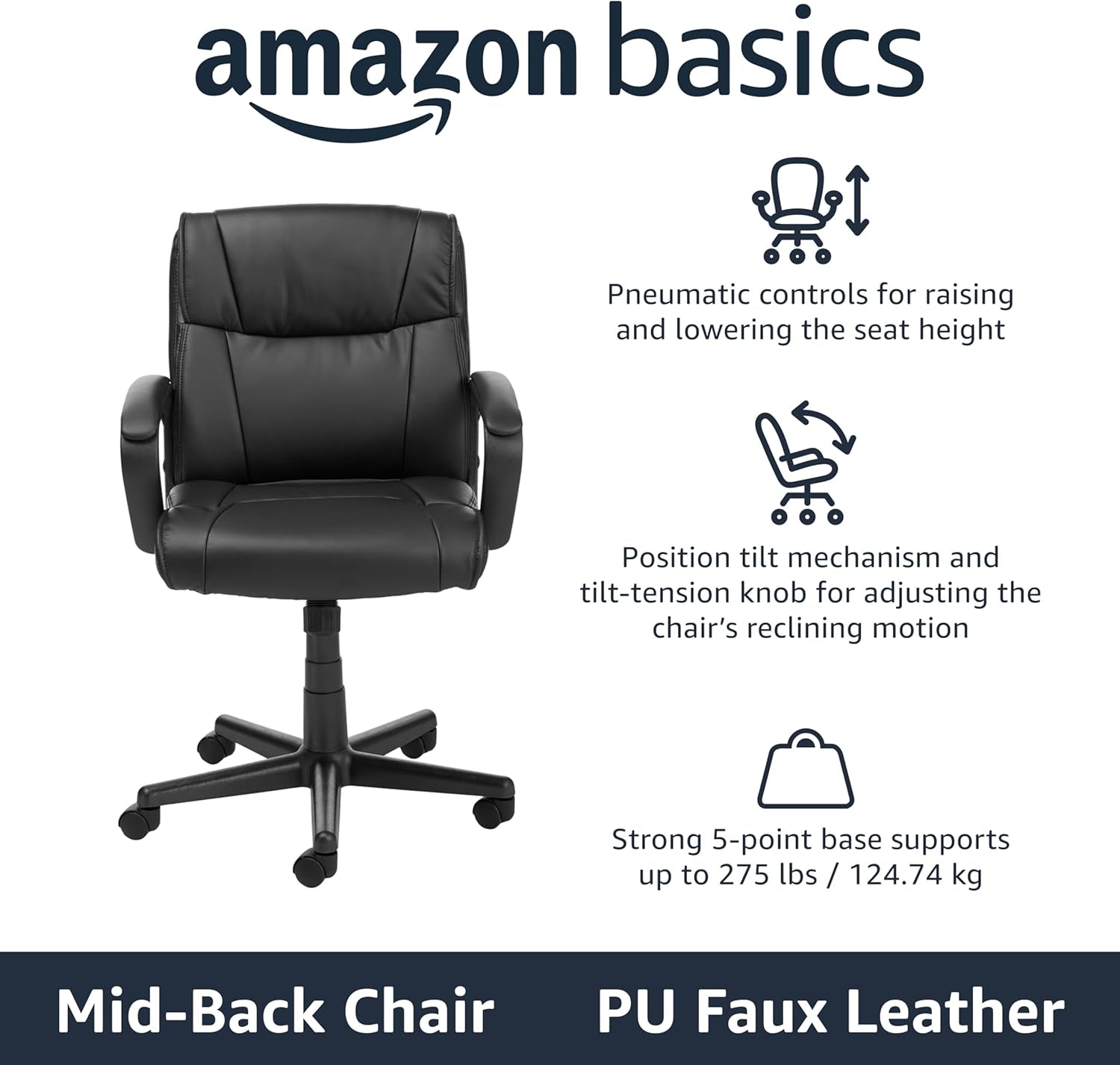 Office Computer Task Desk Chair with Padded Armrests, Mid-Back, Adjustable, 360 Swivel, Rolling, 275 Pound Capacity, 24.2"D X 24"W X 34.8"H, Black Faux Leather