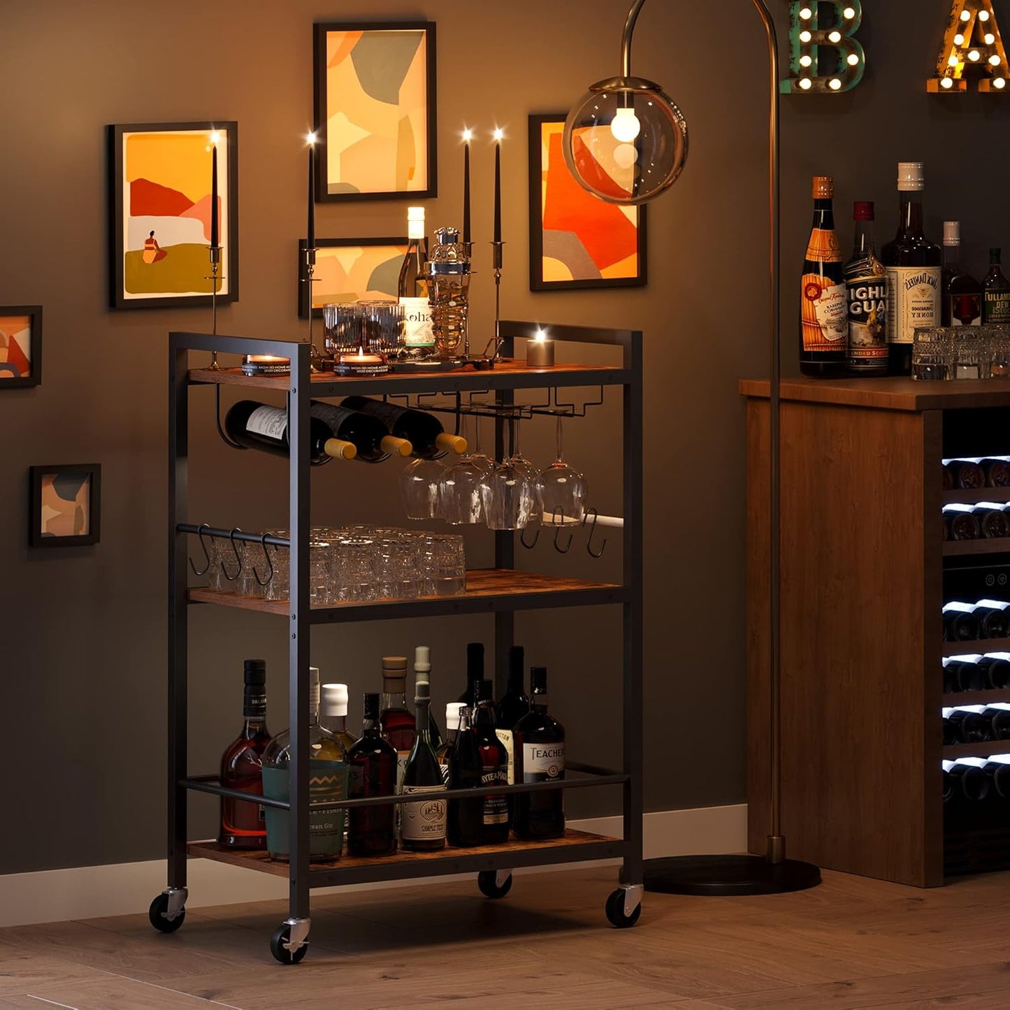 Bar Cart, Serving Cart for Home, Microwave Cart, Drink Cart, Mobile Kitchen Shelf with Wine Rack and Glass Holder, Rolling Beverage Cart BC01BB030