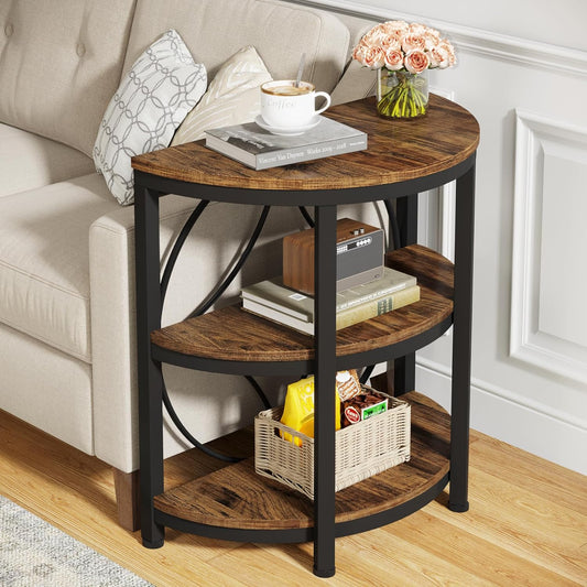 Half round End Table for Living Room, 3-Tier Half Side Table with Metal Frame, Industrial Half Moon Table with Storage Shelves, Half Circle Accent Table for Entryway, Bedroom, Rustic Brown