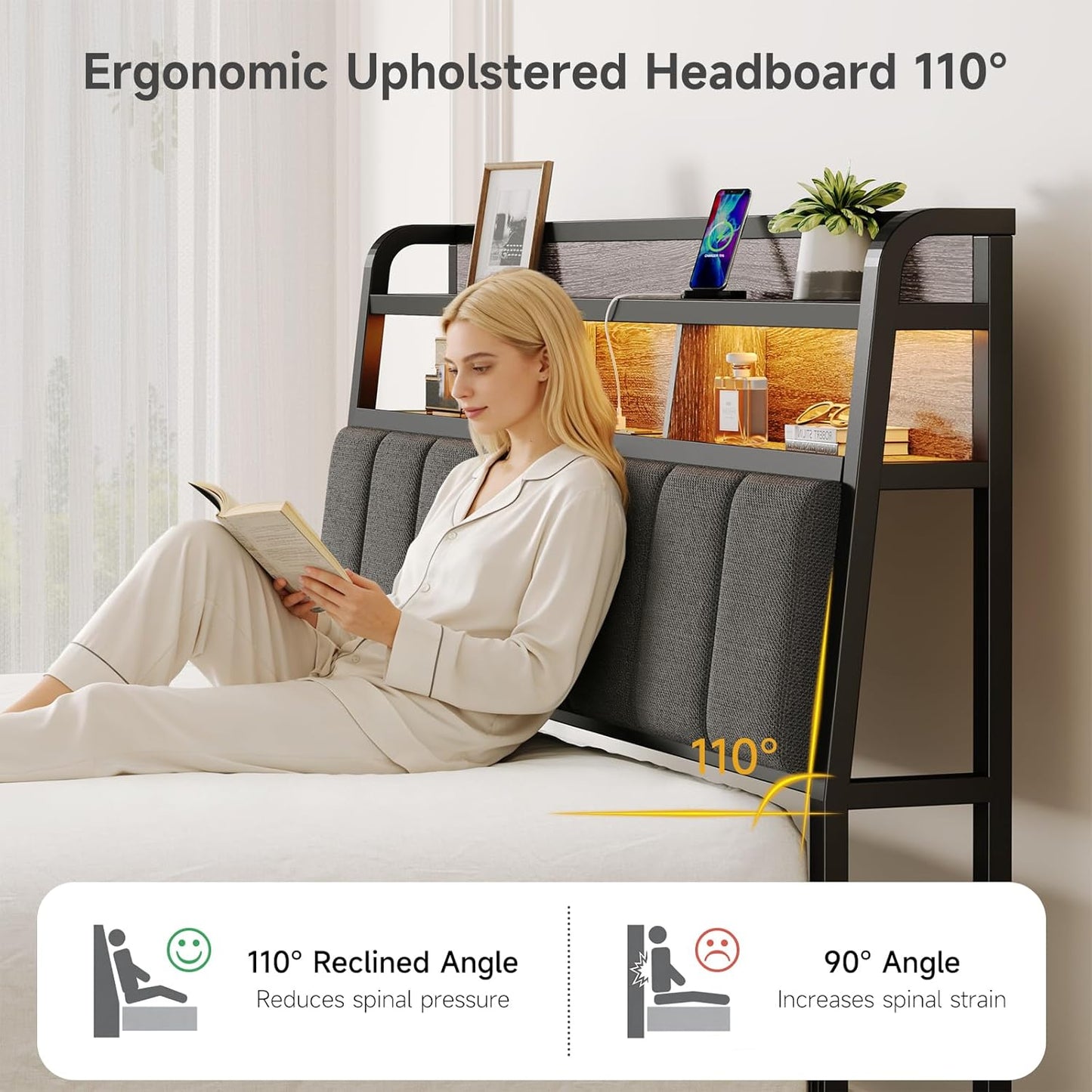 Queen Size Headboard with Outlets, Upholstered Ergonomic Headboard with 2-Tier Storage, LED Light, Queen Head Board Only, Height Adjustable, Sturdy and Stable, Black & Grey