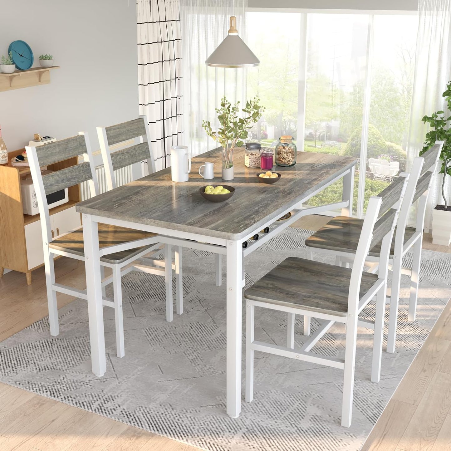 Dining Table Set for 4, Wood Kitchen Table Chairs Set with Storage, Farmhouse 5 Piece Dining Room Table Set, Space-Saving Dinette Set for Breakfast Nook, Apartment