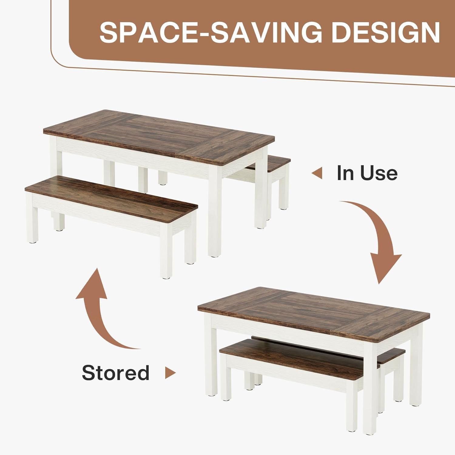 Farmhouse Kitchen Table Set for 4-6, 55-Inch Wooden Dining Table with 2 Benches, Space Saving 3 Pieces Heavy Duty Dinette for Dining Room, Kitchen, Small Space