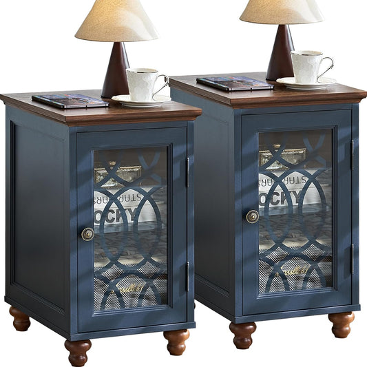 Narrow Side Table Set of 2 with Glass Door, 18 X 14'' Night Stand with Adjustable Shelf Storage Cabinet Organizer, Bedside End Tables Wood Nightstand for Small Spaces Living Room Bedroom