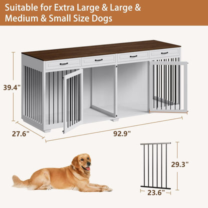 Dog Crate Furniture, 72.4 Inch Indoor Wooden Dog Kennel Cage House, Modern Decorative End Table with Double Doors, Drawers, Divider, for Large Medium Breeds, Black