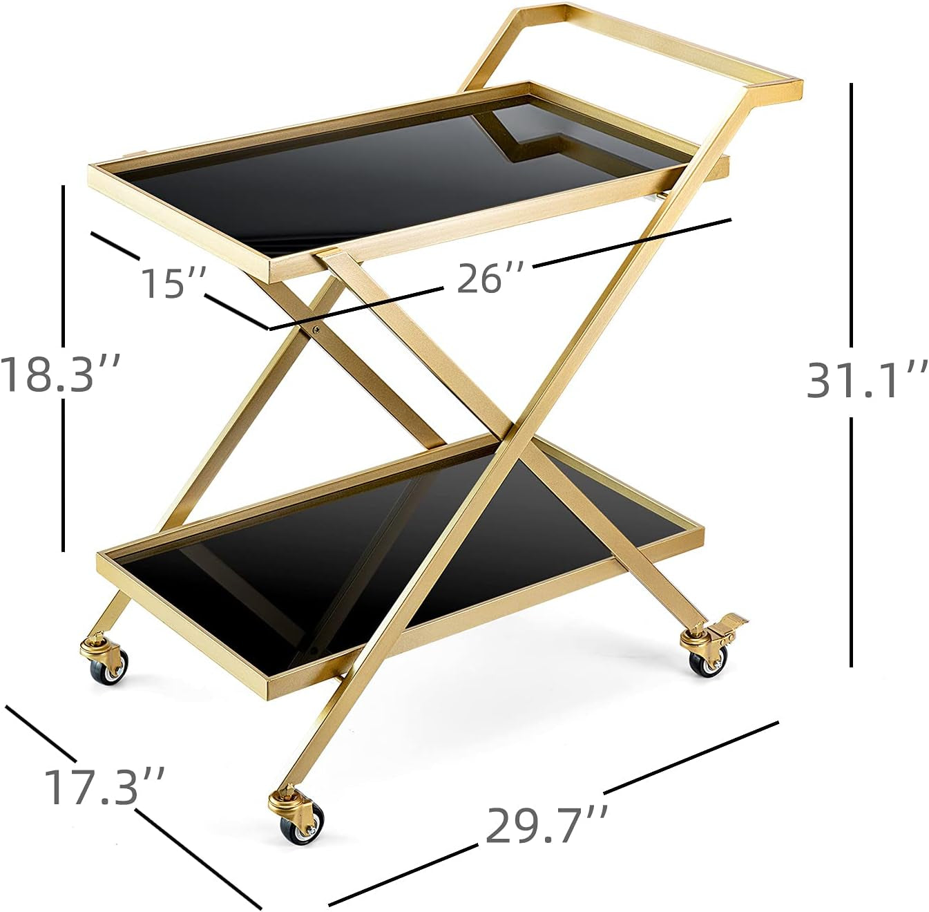 Gold Bar Cart - No Screws Assembly, 2-Tier Snack Cart with 2 Black Tempered Glass Shelves, Portable with 2 Lockable Wheels