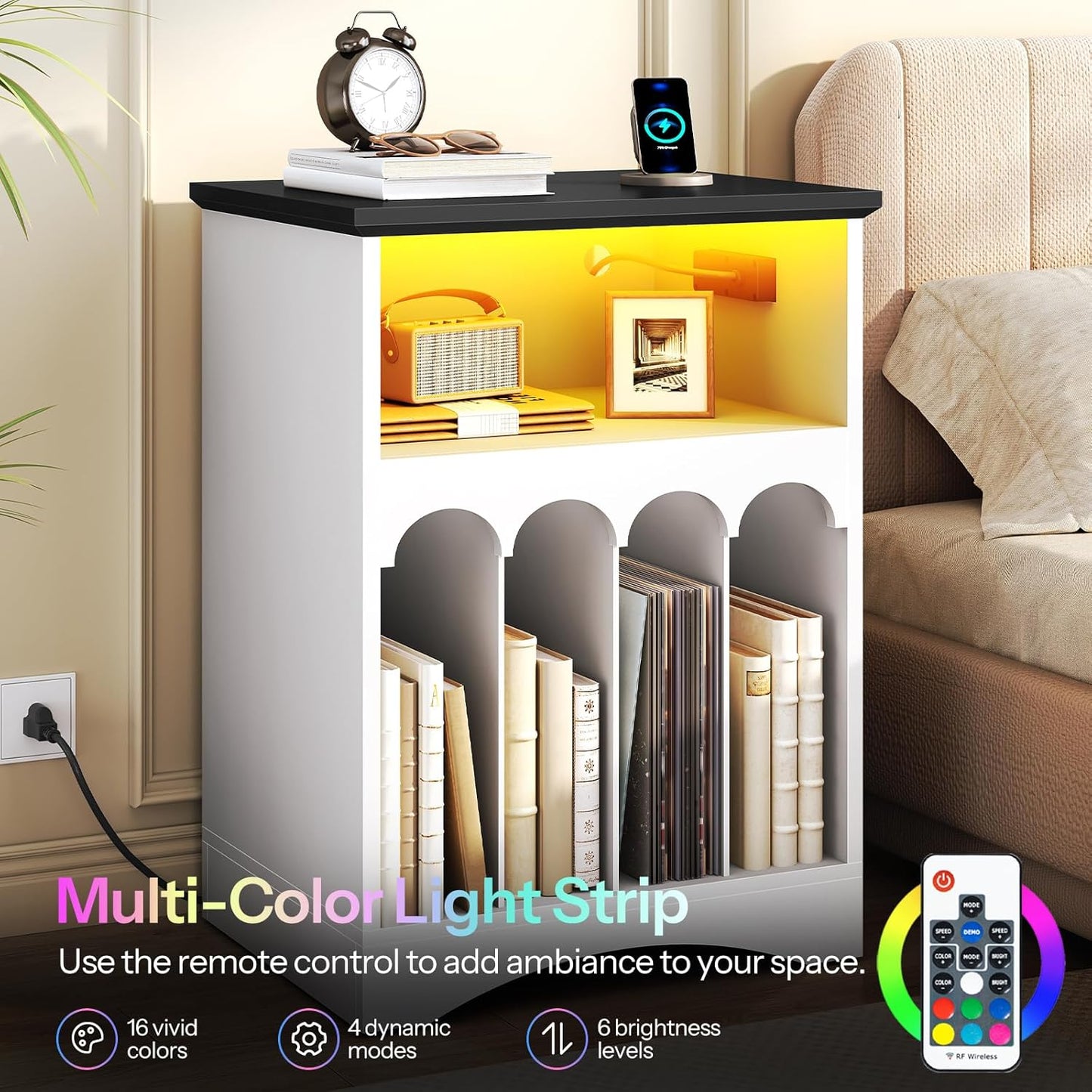 Farmhouse Record Stand with Charging Station and LED Lights, Compact Vinyl Storage Cabinet Holds up to 230 Albums, Turntable Holder for Living Room, Bedroom, Black and White WB40UDRS01
