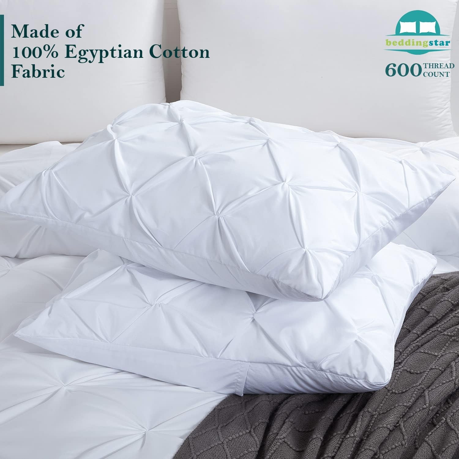King Pillow Shams Set of 2 Pinch Pleated White Pillow Shams King Size 20X36 Pillow Covers 100% Egyptian Cotton 600 Thread Count Soft Skin Friendly Cushion Cover Cases Decorative Pillow Shams for Bed