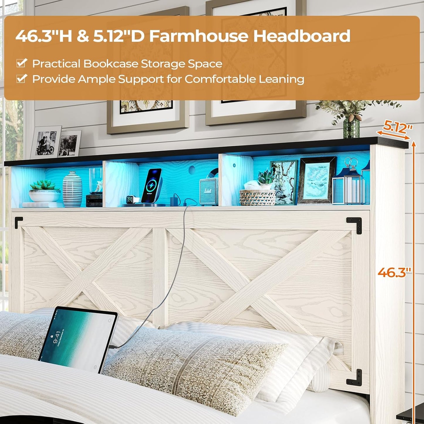 Farmhouse Queen Bed Frame with Storage Headboard, Charging Station and LED Lights Queen Size Platform Bed Frame with Storage Ottoman, Metal Slats Support, No Box Spring Needed, Antique White