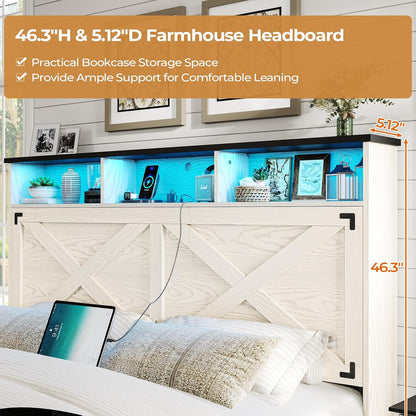 Farmhouse Queen Bed Frame with Storage Headboard, Charging Station and LED Lights Queen Size Platform Bed Frame with Storage Ottoman, Metal Slats Support, No Box Spring Needed, Antique White