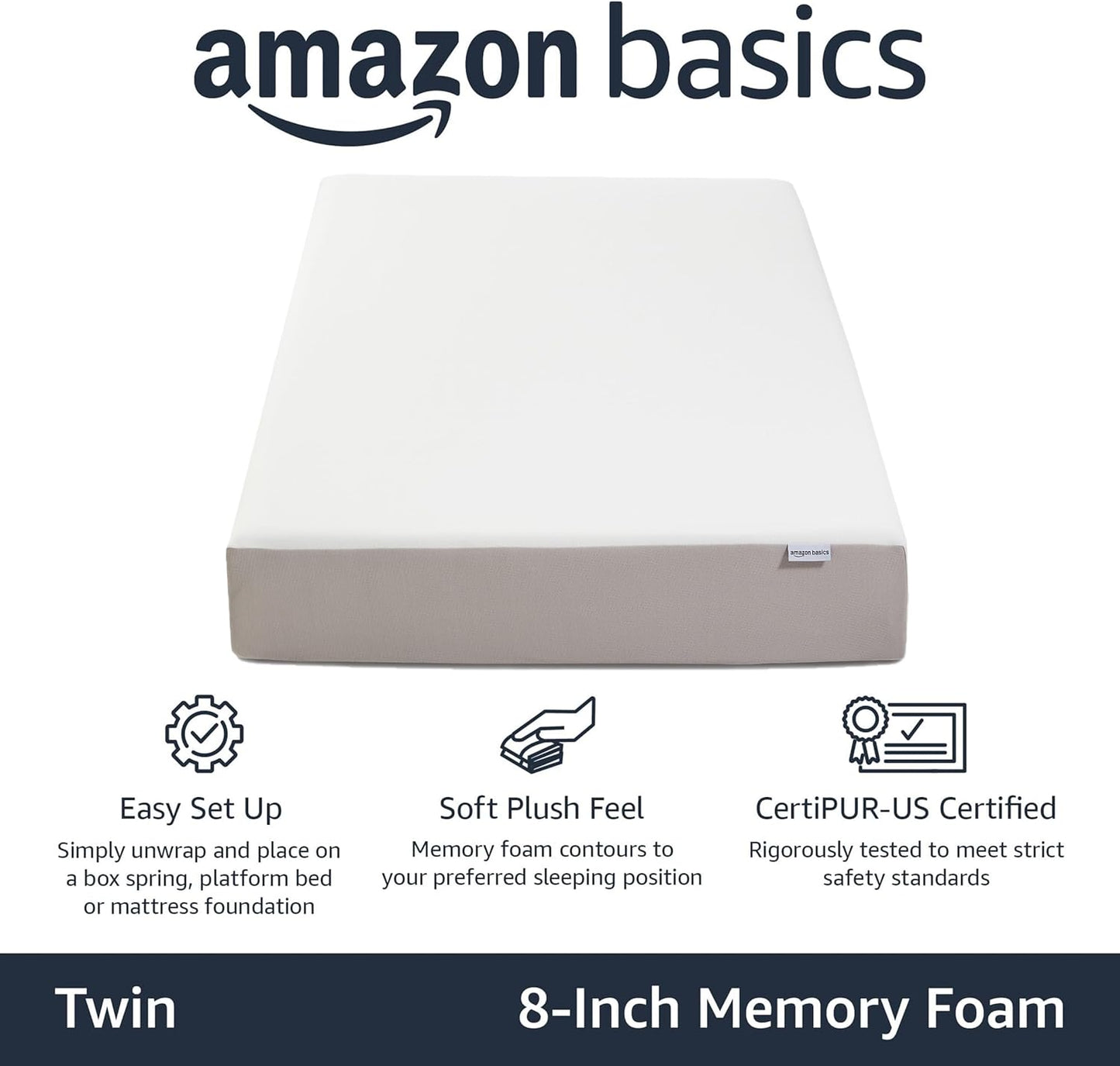 Memory Foam Mattress, Soft Plush Feel, Breathable, Contours to Body, 8 Inch, Twin, White/Grey