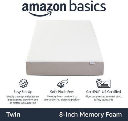 Memory Foam Mattress, Soft Plush Feel, Breathable, Contours to Body, 8 Inch, Twin, White/Grey