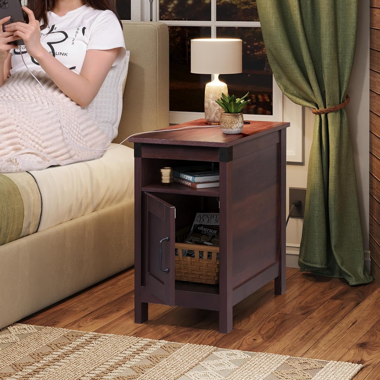 End Table with Charging Station, Narrow Side Table for Living Room, Farmhouse Night Stand with Storage, Small Wooden Cabinet with USB Ports and Outlets for Living Room and Bedroom, Espresso