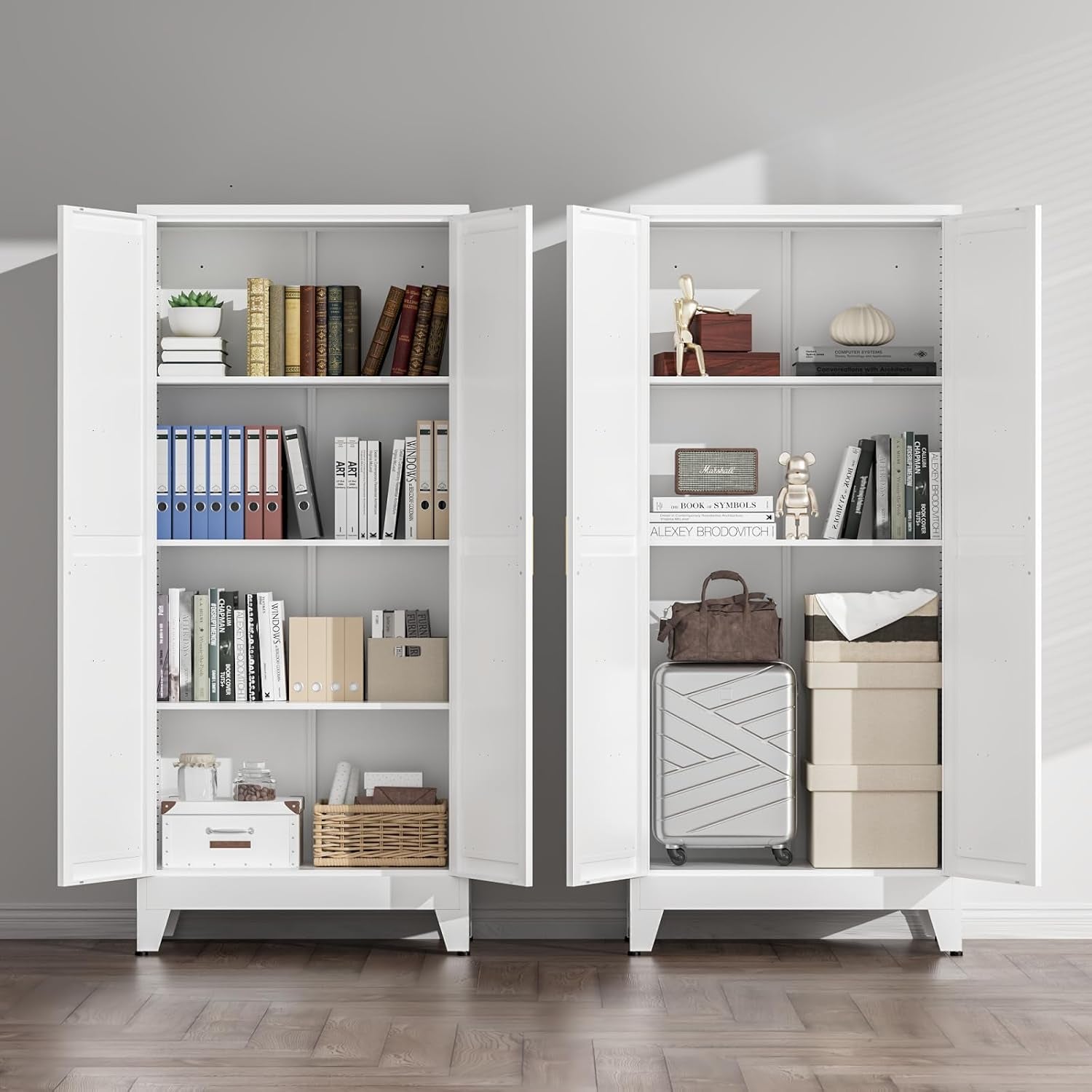 White Farmhouse Storage Kitchen Pantry Cabinet with 2 Barn Door, 3 Adjustable Shelves and Legs, for Cupboard/Dining Room/Bathroom/Living Room/Office/Laundry Room (White, 61" Farmhouse)