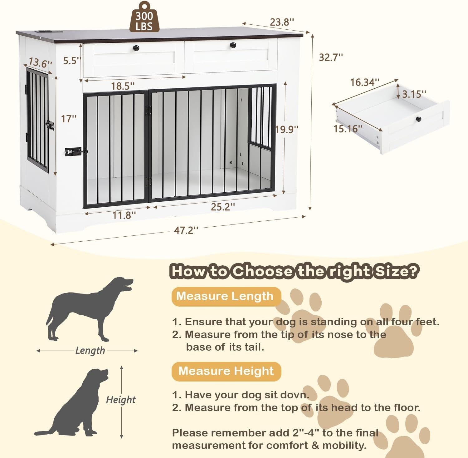 Dog Crate Furniture TV Stand with Charging Station-47.24" Heavy Duty Dog Kennel Furniture Tv Table with 2 Drawers Storage,Indoor TV Stand for Small Medium Dogs,For Bedroom Living Room (White, 1.8M)