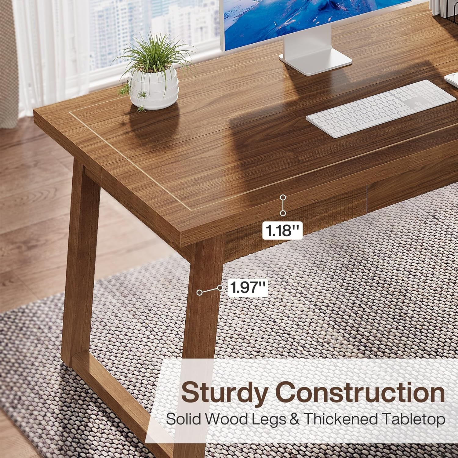 Home Office Executive Desk: 55 Inches Wooden Computer Desk with Drawer, Mid-Century Modern Study Writing Table, Rustic PC Laptop Desk Workstation Furniture, Walnut Brown