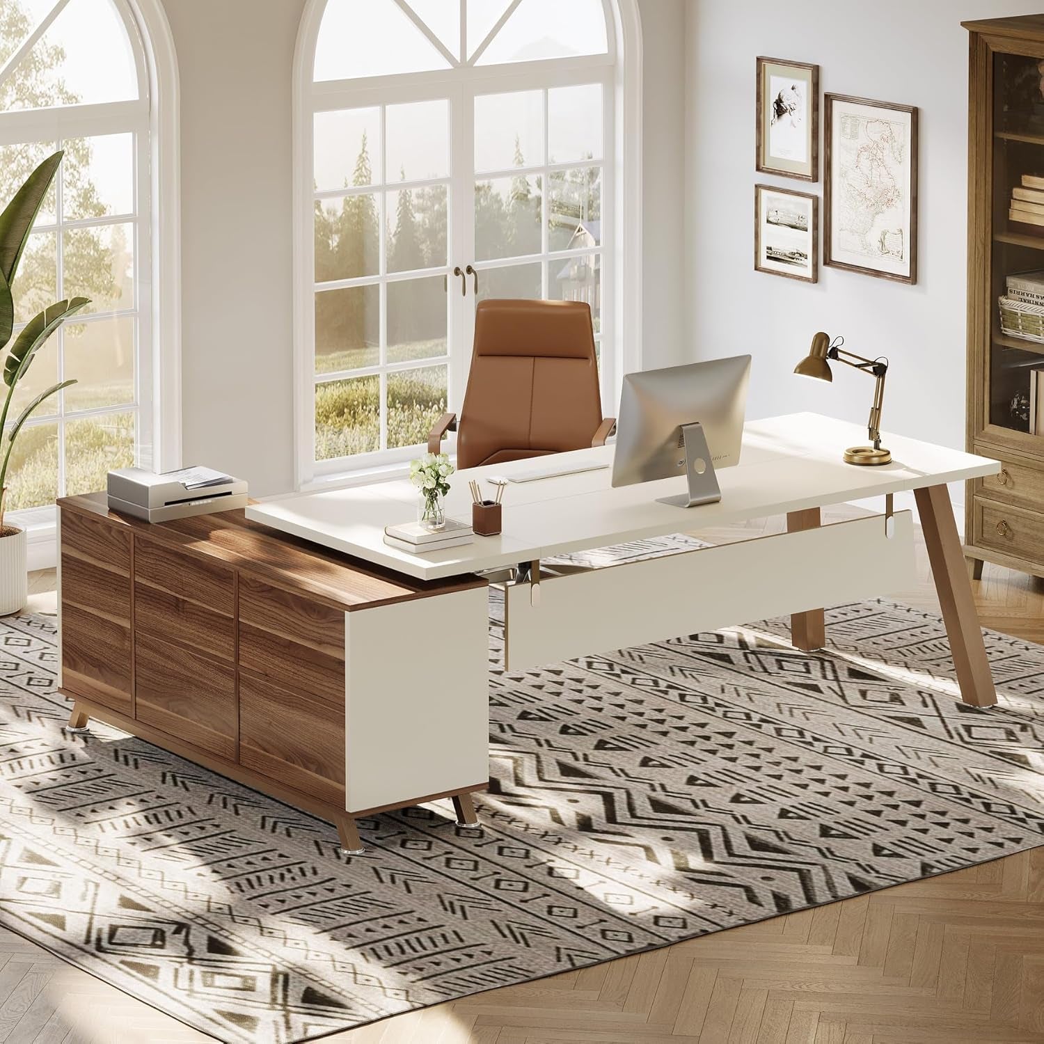 78.7" L-Shaped Executive Desk, Modern Office Desk with File Drawers & Storage Shelves, Large Computer Desk with 55-Inch Cabinet, Business Workstation for Home Office, Beige & Walnut
